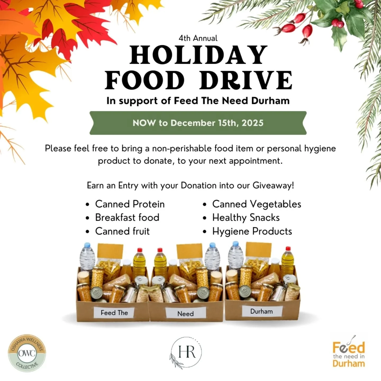 The 4th Annual Food Drive is ON NOW

We are accepting donations of non perishable food &amp; personal hygiene products from now until December 15th. 

All items will be donated to @ftndurham Feed The Need Durham. 

Clients check your emails for more 