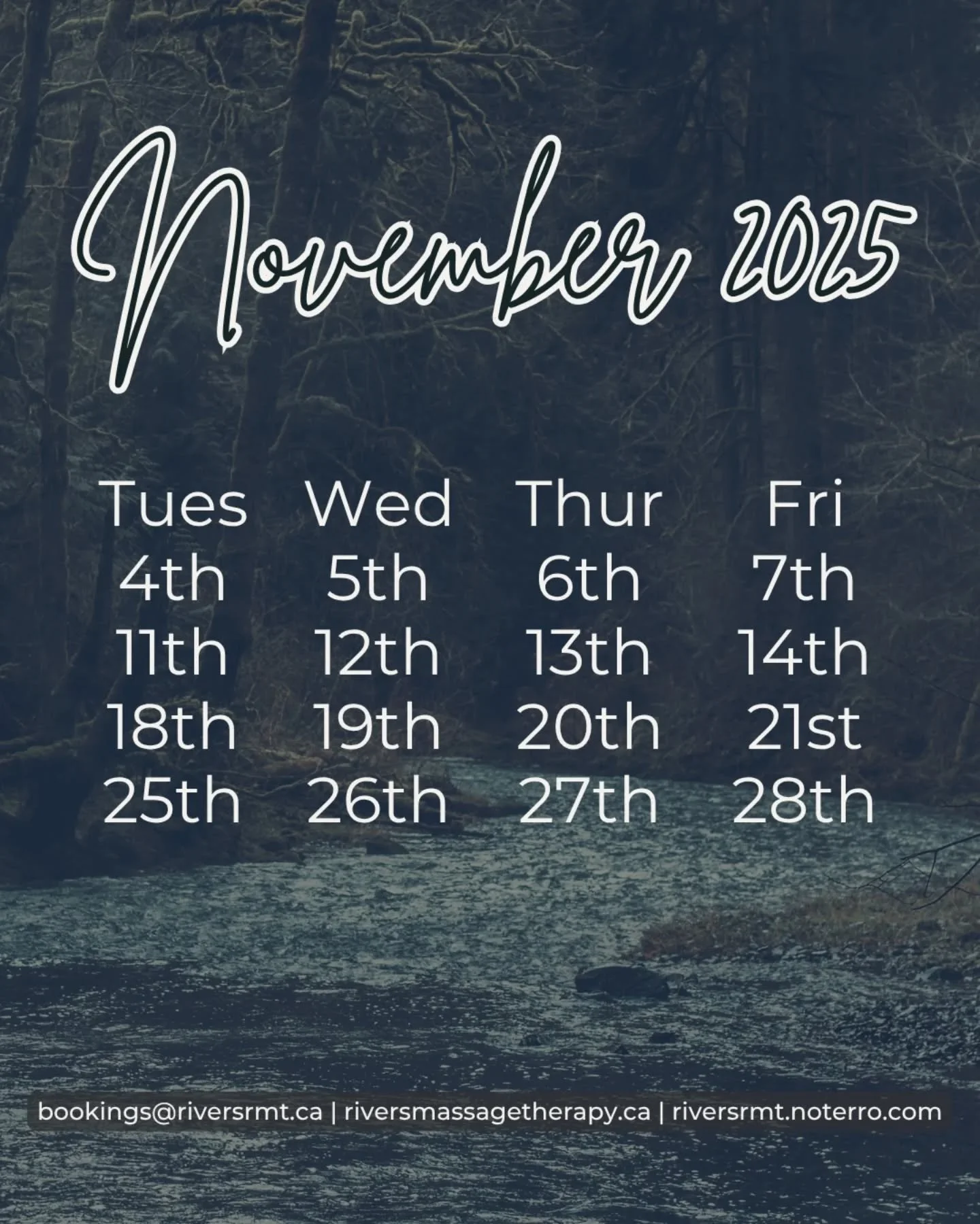 Happy November! 🧣

I have limited space available for the rest of 2025 for EXISTING clients. 

Unfortunately, I am unable to onboard any new clients at this time. But lucky for you we have Oshawa Wellness Collective! Where you can find Monica and Zo