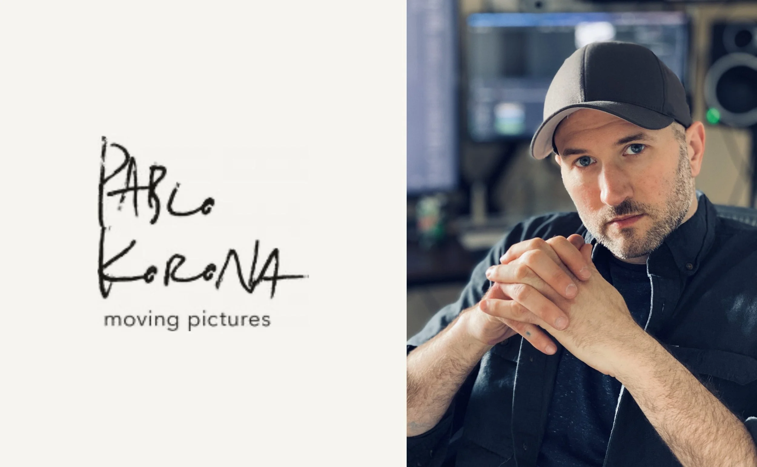 Pablo Korona moving pictures logo beside Paul Korona Dyer at the edit suite.