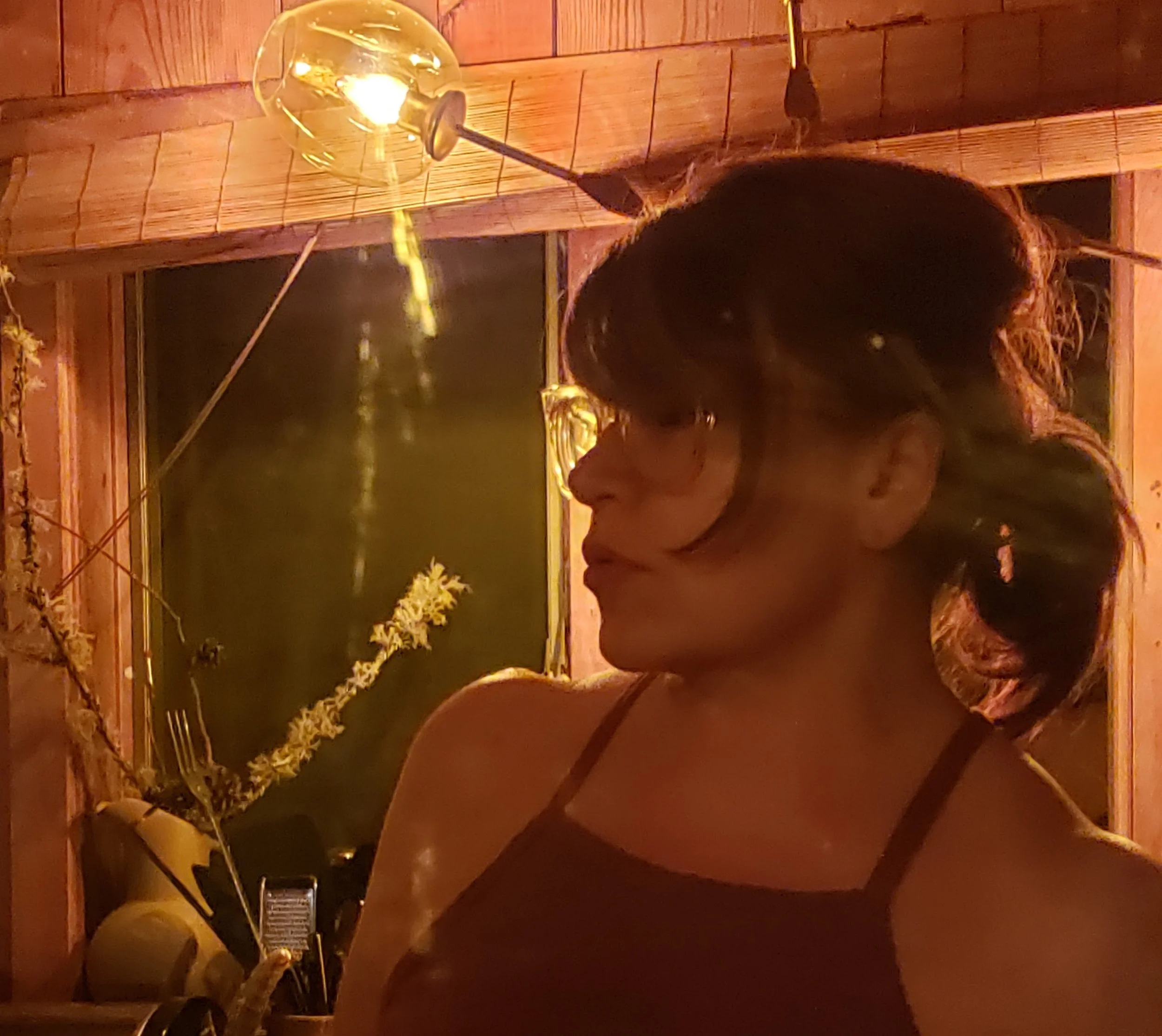  this is a photo of Leah Spurrier at Studio Stackhouse - overlooking the French Broad river - in beautiful Marshall, North Carolina - working on producing music and story content for public radio productions and promoting the value of public radio in