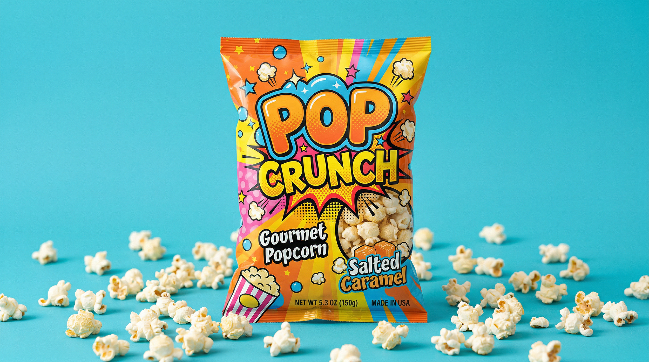 Colorful snack bag labeled 'Pop Crunch Gourmet Popcorn Salted Caramel' on a blue background with popcorn scattered around