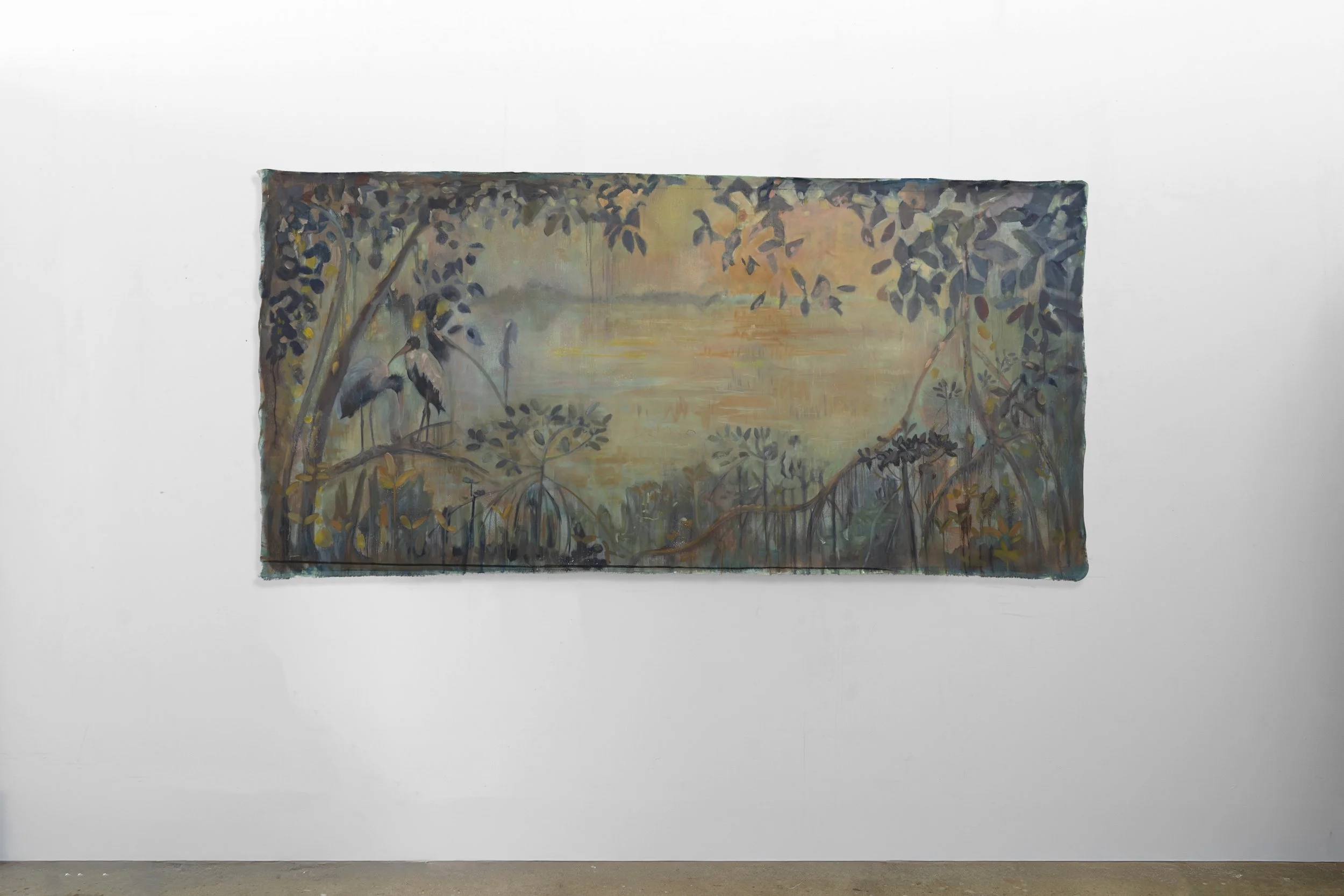 Where the wood storks dream,  2025
Oil on canvas
47" x 103"