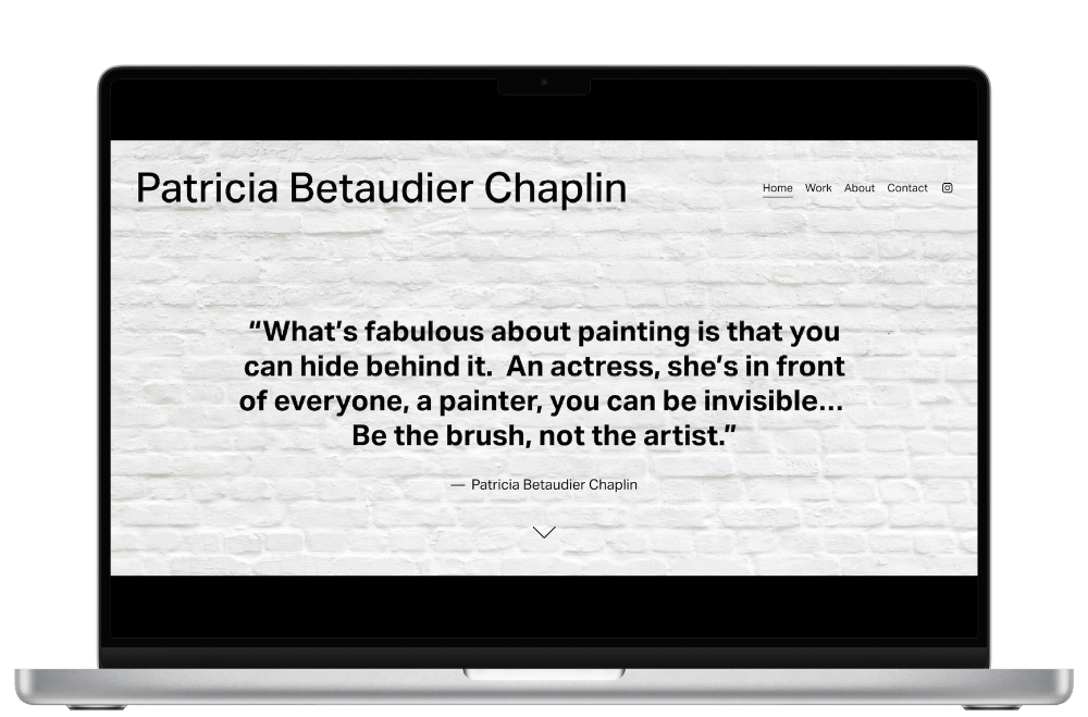 Laptop displaying a webpage with the name Patricia Betaudier Chaplin, navigation links, and a quote about painting and anonymity.