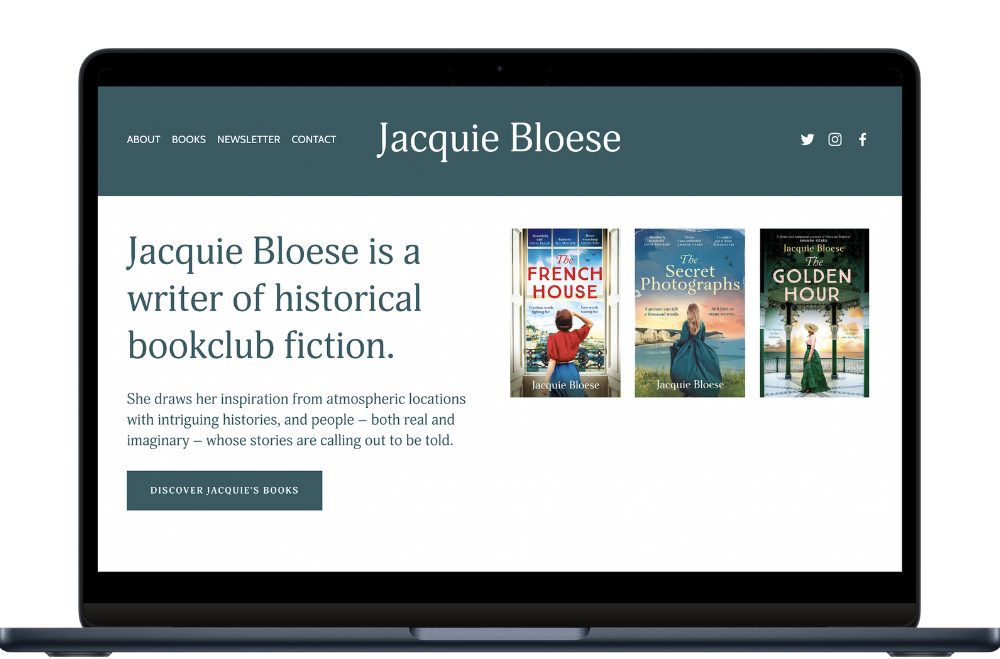 Laptop screen displaying a website for Jacquie Bloese, a writer of historical bookclub fiction. The site features a header with navigation links, a brief author bio, and images of three book covers: 'The French House,' 'The Secret Photographs,' and 'The Golden Hour.'