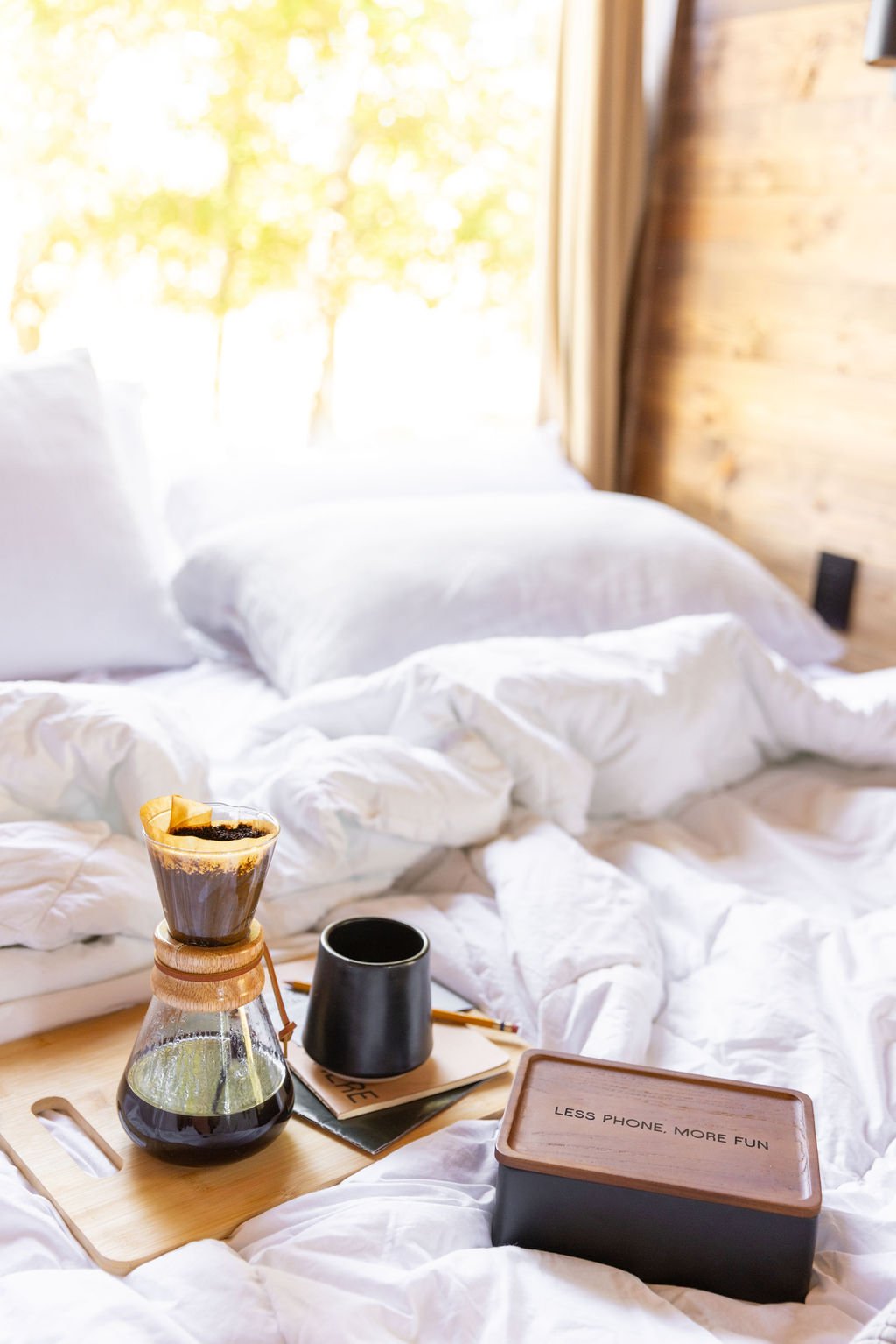 Cozy cabin morning with pour-over coffee at NowHere TX nature stay in Round Mountain Texas