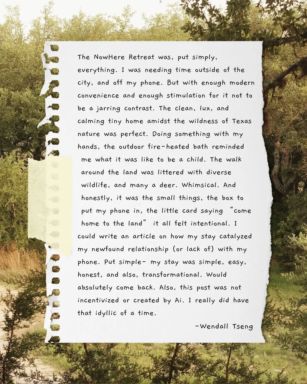 &ldquo;Simple, honest, transformational.&rdquo;
That&rsquo;s what NowHere is all about.
Nature, stillness, a cozy cabin and just enough to make you forget your phone even exists. 🌿📵

Thanks for the love, Wendall.