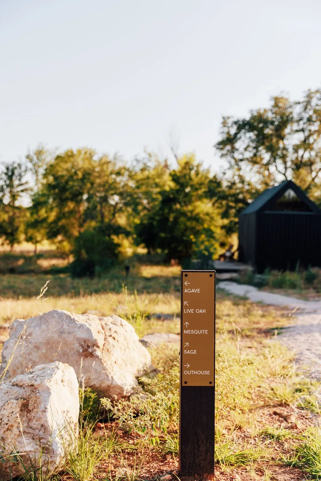 A directional sign at NowHere points toward Acave, Live Oak, Mesquite, Sage, and the outhouse.