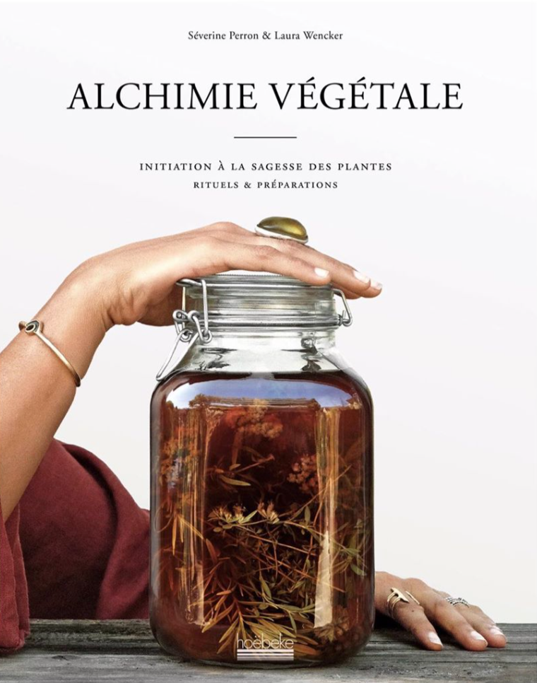 A person's hand holding a glass jar containing a herbal infusion with dried herbs and flowers, placed on a wooden surface, with a book behind titled 'ALCHIMIE VÉGÉTALE' by Séverine Perron & Laura Wencker.