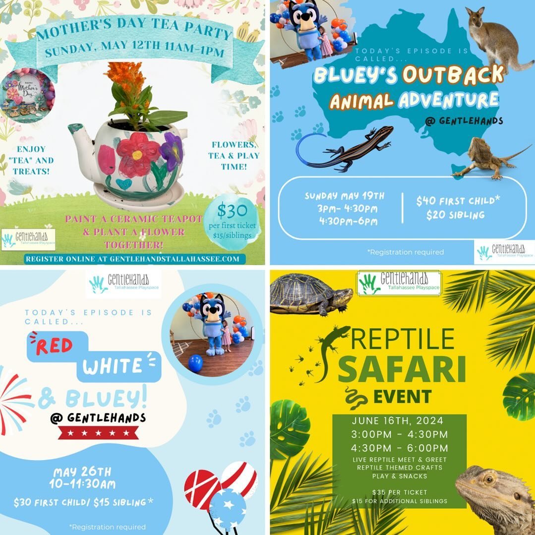 We have lots of new events live for sign ups! 

Mother&rsquo;s Day Tea Party- Enjoy a fun Mother&rsquo;s Day outing with play, refreshments, and painting our keepsake teapot planters. 

Bluey&rsquo;s Outback Adventure- Bluey is back with her friends 