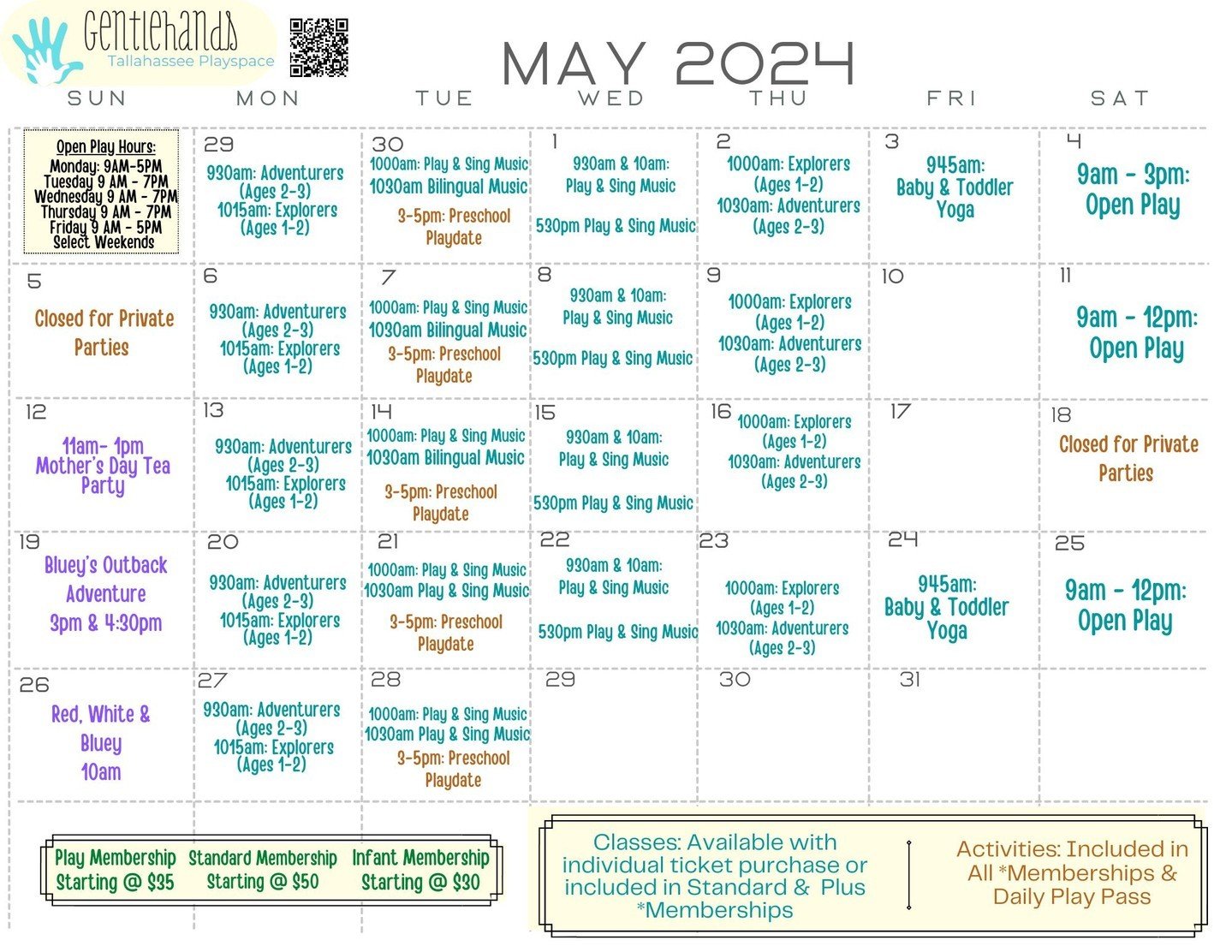 Plan your May play, class, and event times! Special notes for this month include:

-There are 3 Saturday play times. We will have Saturday play every Saturday through the summer as well. We are working on adding music classes and will update you if t
