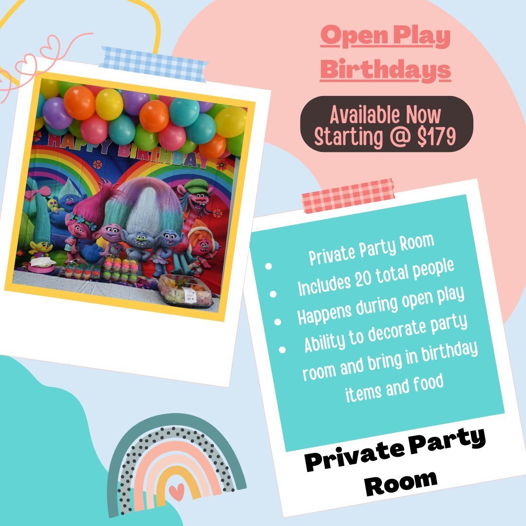Mini Open Play Parties are a great option for small birthday celebrations! Not all families need a large or private option and that's where our Mini Open Play Parties come in. You have private use of our party room and shared use of our play space. Y
