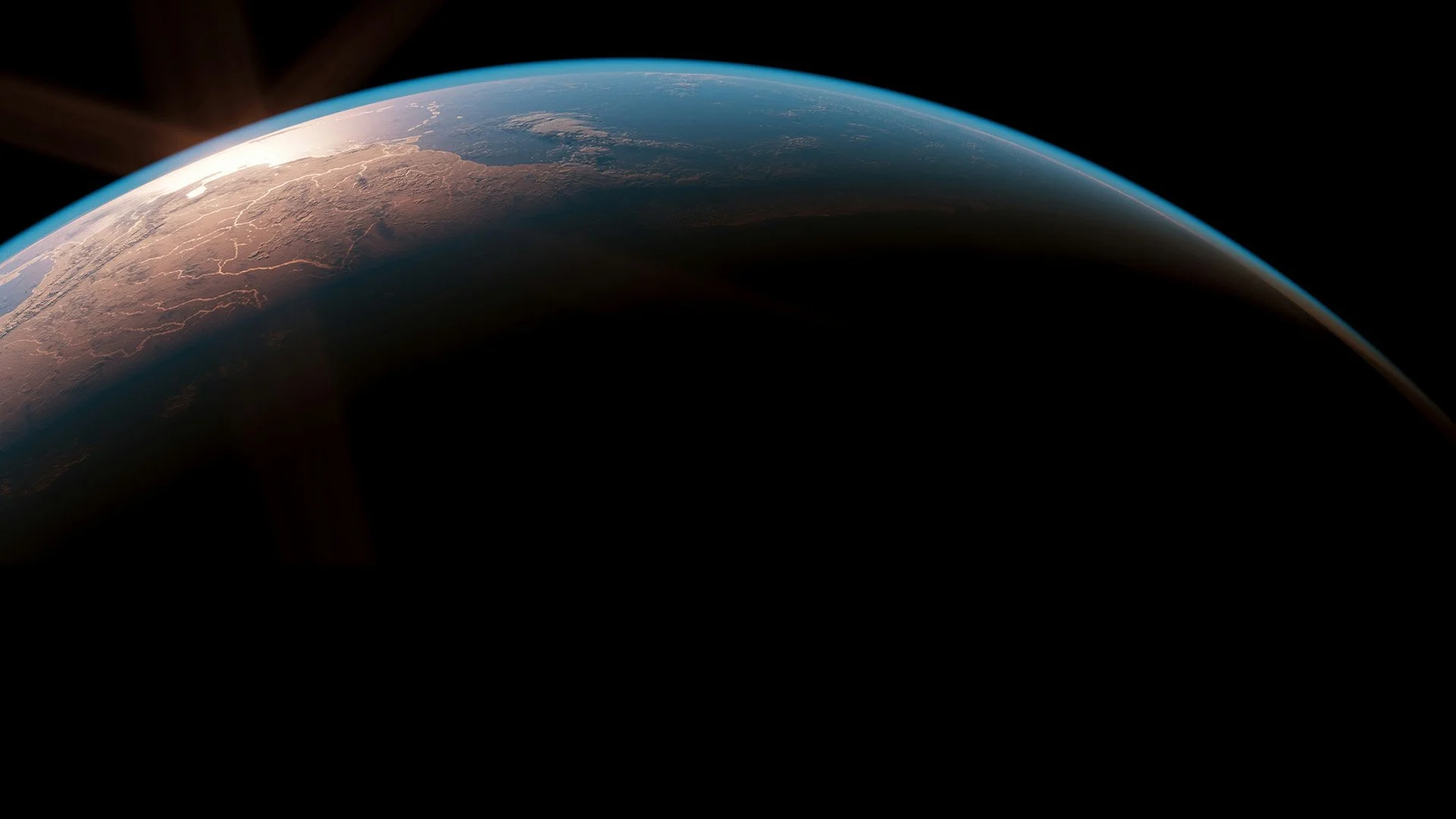 View of earth from space showing land, water, and atmosphere with sunlight reflecting.