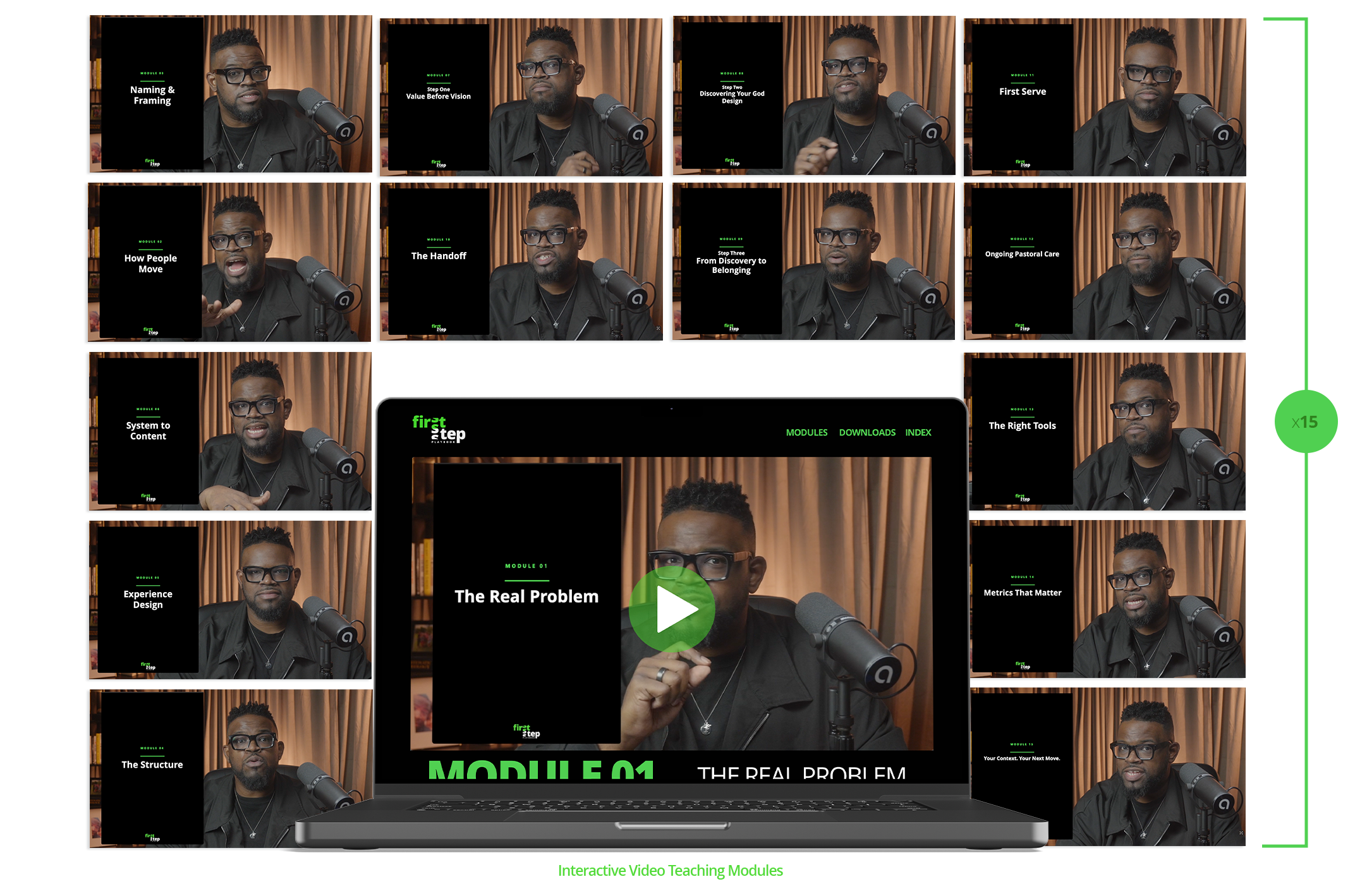 A man with glasses and a beard appears in a video teaching series about content creation, with a laptop in front showing various course modules on a screen. The background includes brown curtains and a bookshelf. The course modules are titled, from top to bottom: 'Naming & Framing,' 'Value Before Vision,' 'Discovering Your God Design,' 'First Serve,' 'How People Move,' 'The Handoff,' 'From Discovery to Belonging,' 'Ongoing Pastoral Care,' 'System to Content,' 'The Right Tools,' 'Experience Design,' 'Metrics That Matter,' and 'The Structure.' The paused lecture is captured with a large play button overlay on the laptop's screen.