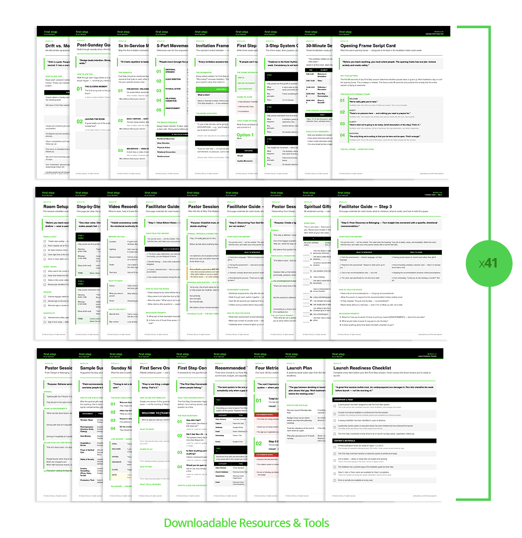 A large collection of digital documents or guides, each with titles related to event planning, spiritual coaching, and team facilitation. The pages are organized in a grid with a green and black color theme, indicating a comprehensive resource set.