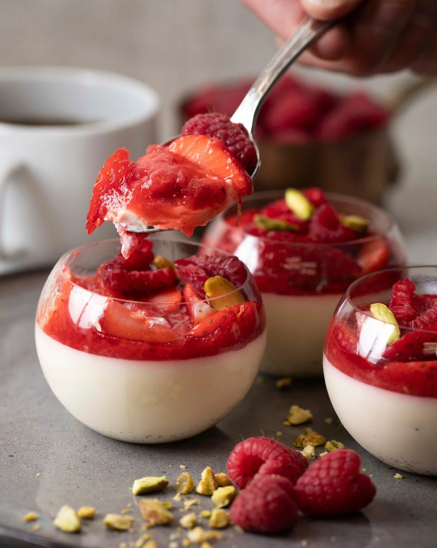 The Panna Cotta is a springtime favorite that fits any occasion. This silky Madagascar vanilla bean custard topped with strawberry-raspberry confit is equally perfect as an elegant after-dinner treat or as a sweet companion for a sunny picnic. 

Stop