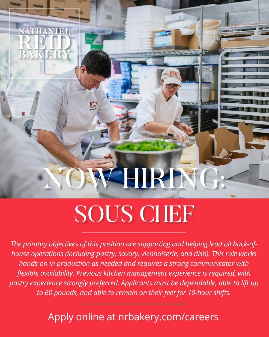 We&rsquo;re hiring!
Nathaniel Reid Bakery is looking for a Sous Chef to lead our back-of-house team.

If you&rsquo;re passionate about food, have strong organizational skills, and take pride in maintaining high standards in a fast-paced kitchen, we&r