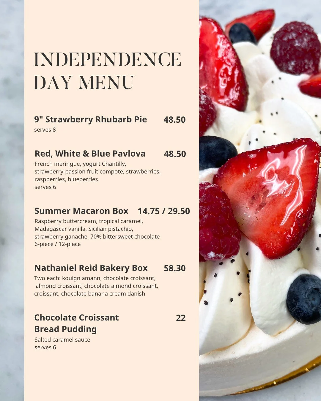 Our Independence Day menu is live! 🇺🇲

Curated for summer gatherings and outdoor celebrations, we are featuring a selection of sweets that highlight the flavors of the season.

Open now through Friday at 2pm, pre-order on our website at nrbakery.co