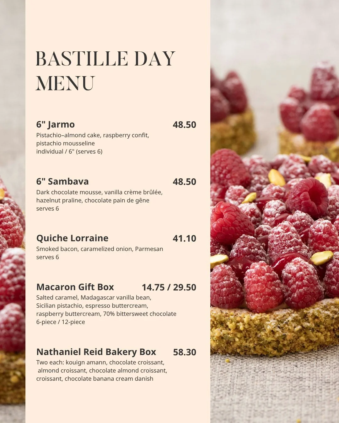 Our Bastille Day menu is live! 🇫🇷

Celebrated annually on Tuesday, 7/14, it's France's national holiday and a celebration of the culture, history, and tradition.

This year, we're paying tribute to Chef Reid's classically trained French background,
