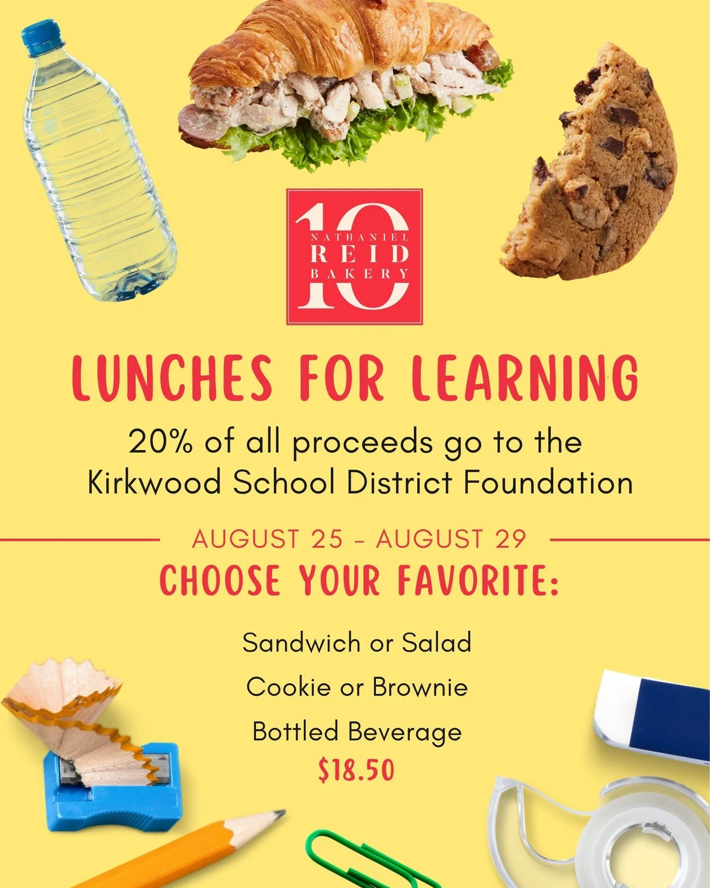 To wrap up our anniversary month, we're proud to host our 9th Annual Lunches for Learning Fundraiser!

Starting today, build your own lunch:
🥪 Sandwich or Salad
🍪 Cookie or Brownie
🥤 Bottled Beverage

This week, 20% of proceeds from every Lunches 