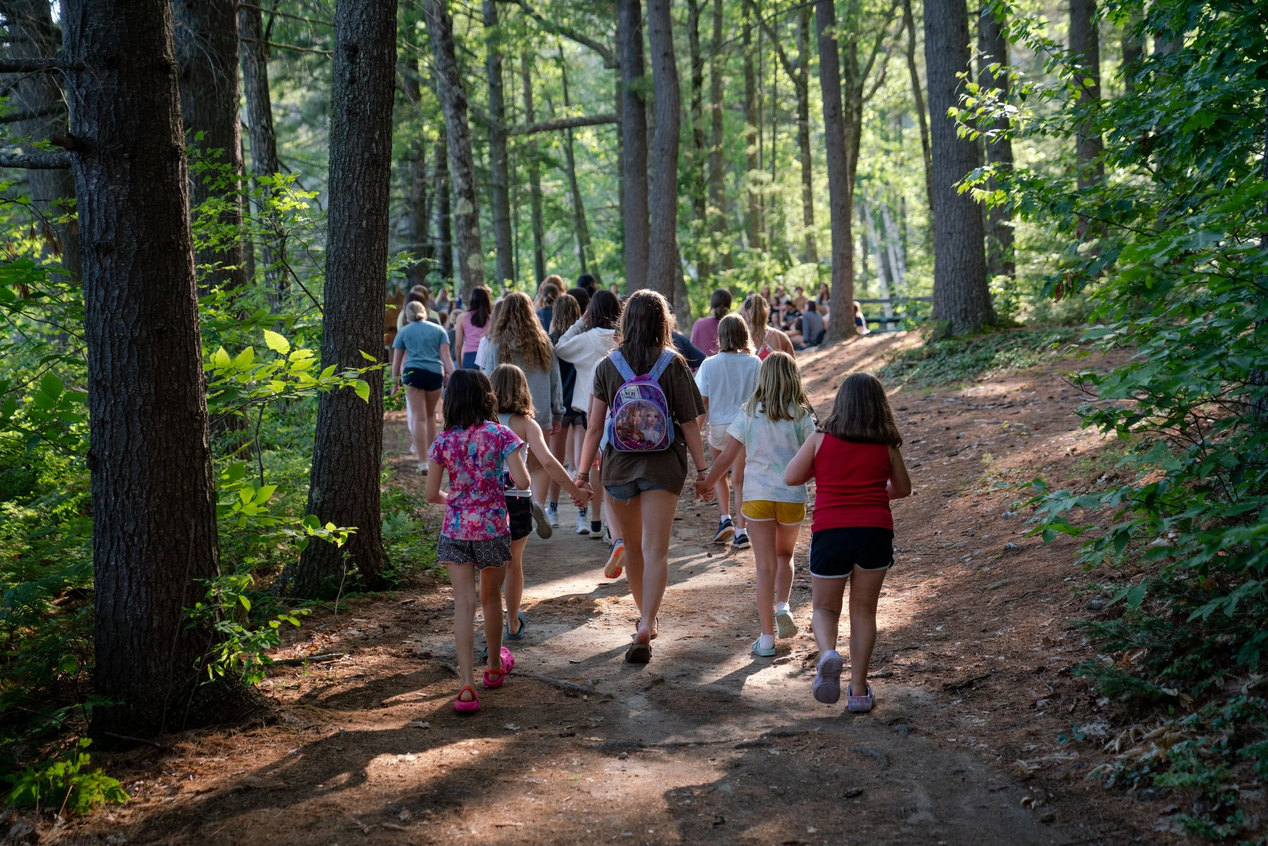 A group of children and adults walking along a dirt trail in a forest with tall trees and green foliage, holding hands.