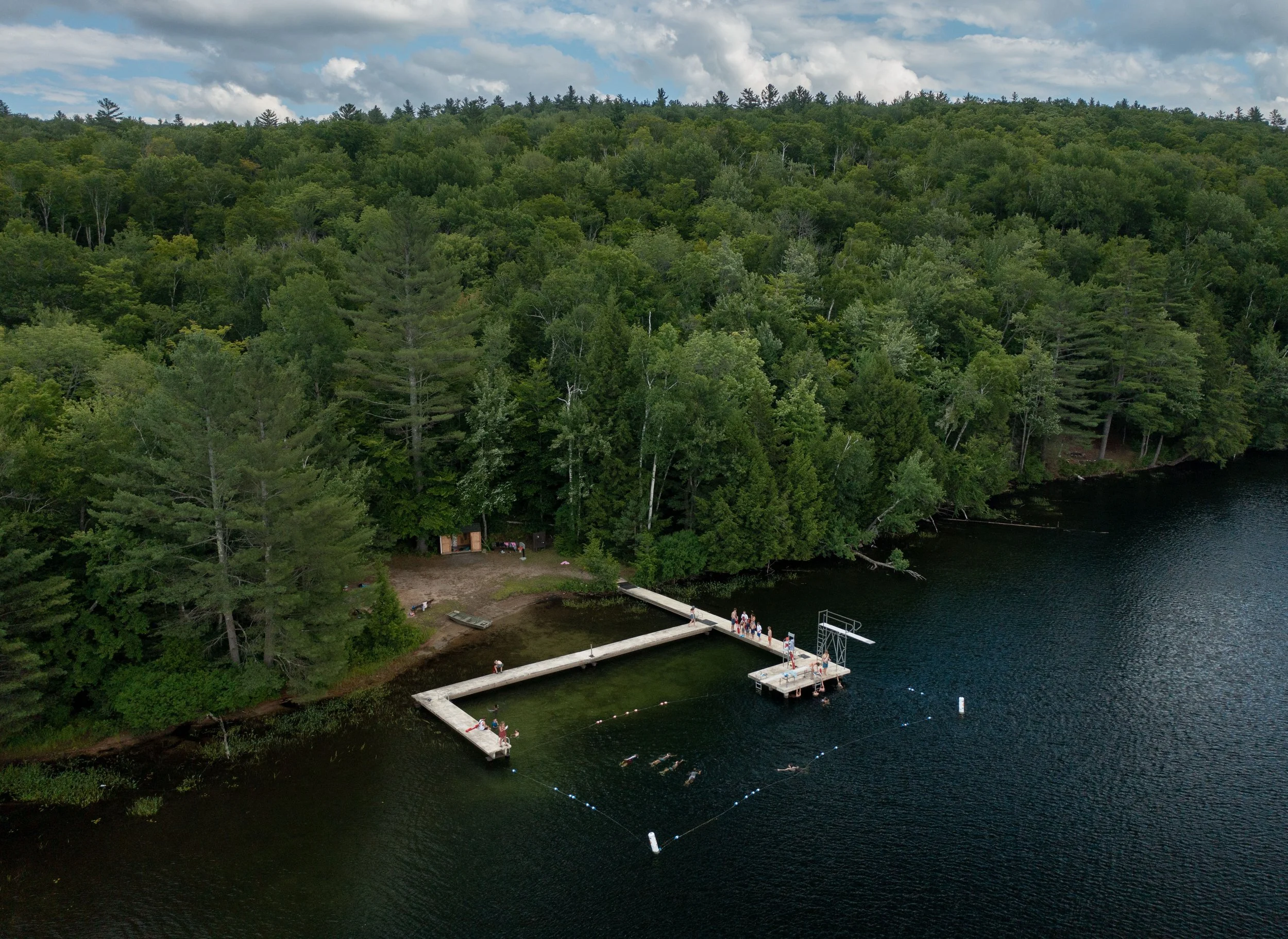 A dock extending into a lake surrounded by dense green forest, with people near the water and on the dock.