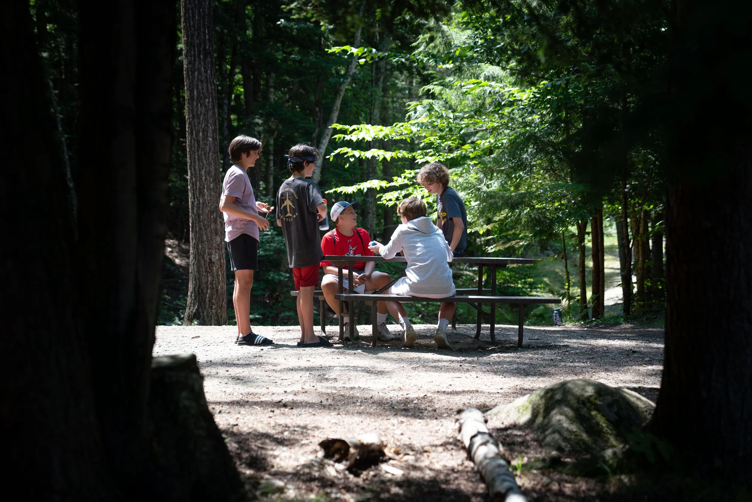 A group of six children gathered around a picnic table in a wooded area, engaging in conversation and activities.