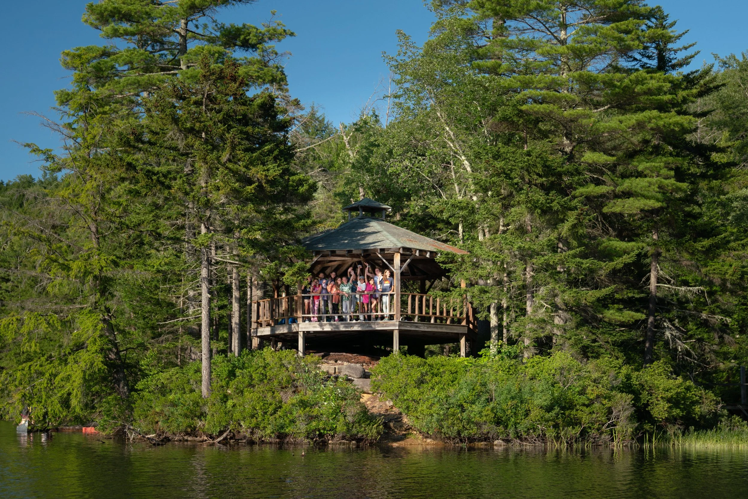 A group of people standing on a wooden observation deck with a roof, overlooking a body of water, surrounded by tall green trees and lush vegetation.