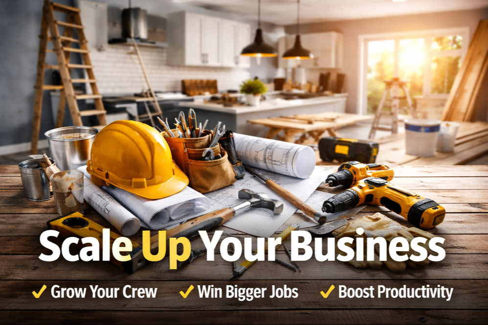 Construction tools and materials on a wooden table, including a yellow hard hat, drills, hammer, blueprints, and safety gloves, with a construction site or workshop in the background. Overlaid text promotes scaling up a business by growing your crew, winning bigger jobs, and boosting productivity.