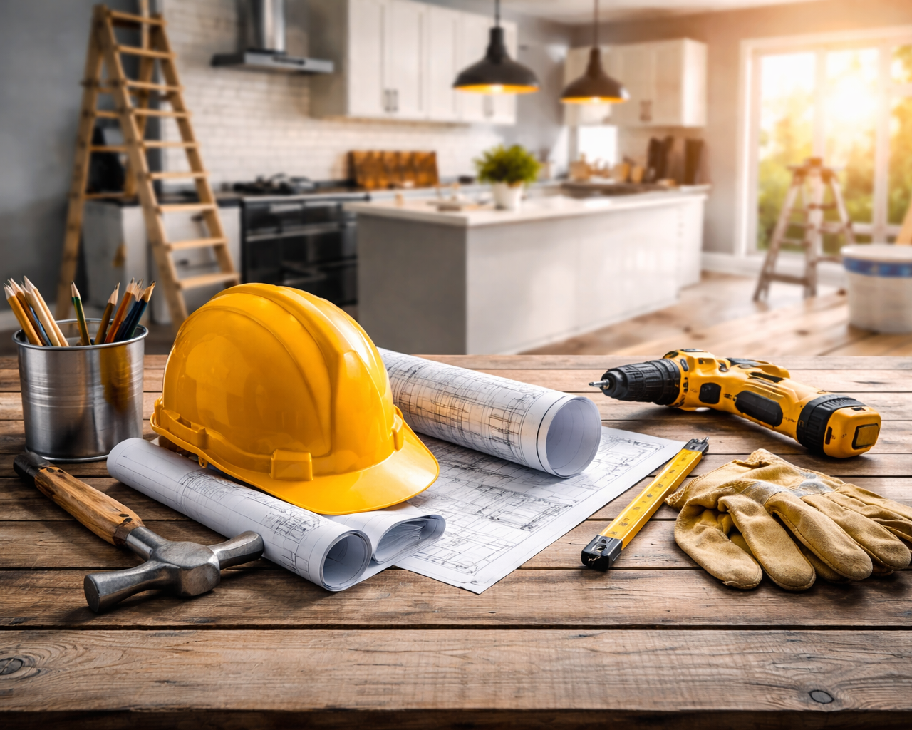 Construction tools and safety equipment on a wooden table, including a yellow hard hat, rolled blueprints, a cordless drill, gloves, a measuring tape, a hammer, and a pencil cup with pencils, in a bright kitchen setting.