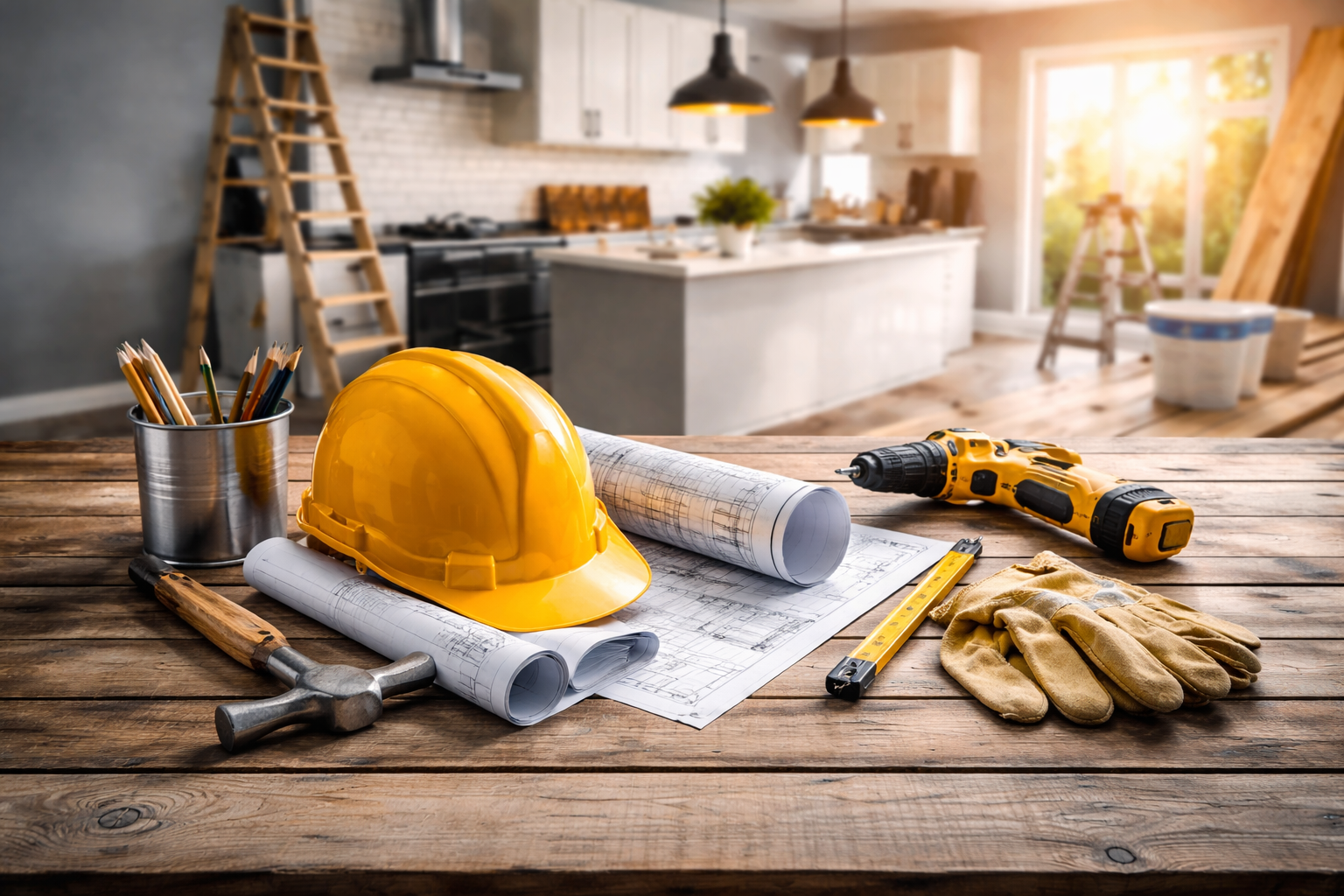 Construction tools and safety gear on a wooden table with a kitchen under renovation in the background, including blueprints, a yellow hard hat, a cordless drill, gloves, a hammer, a measuring tape, and pencils.