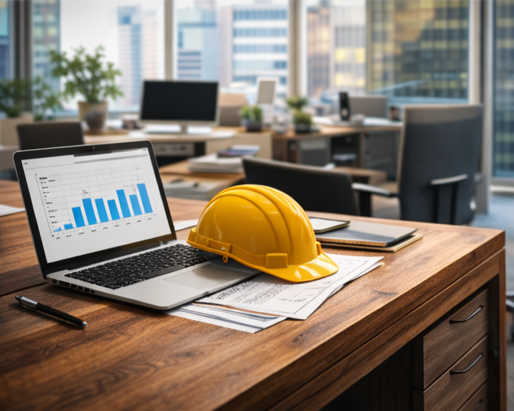 Office desk with a laptop displaying a bar graph, a yellow safety helmet, papers, and a pen. Background includes office chairs and large windows showing city buildings.