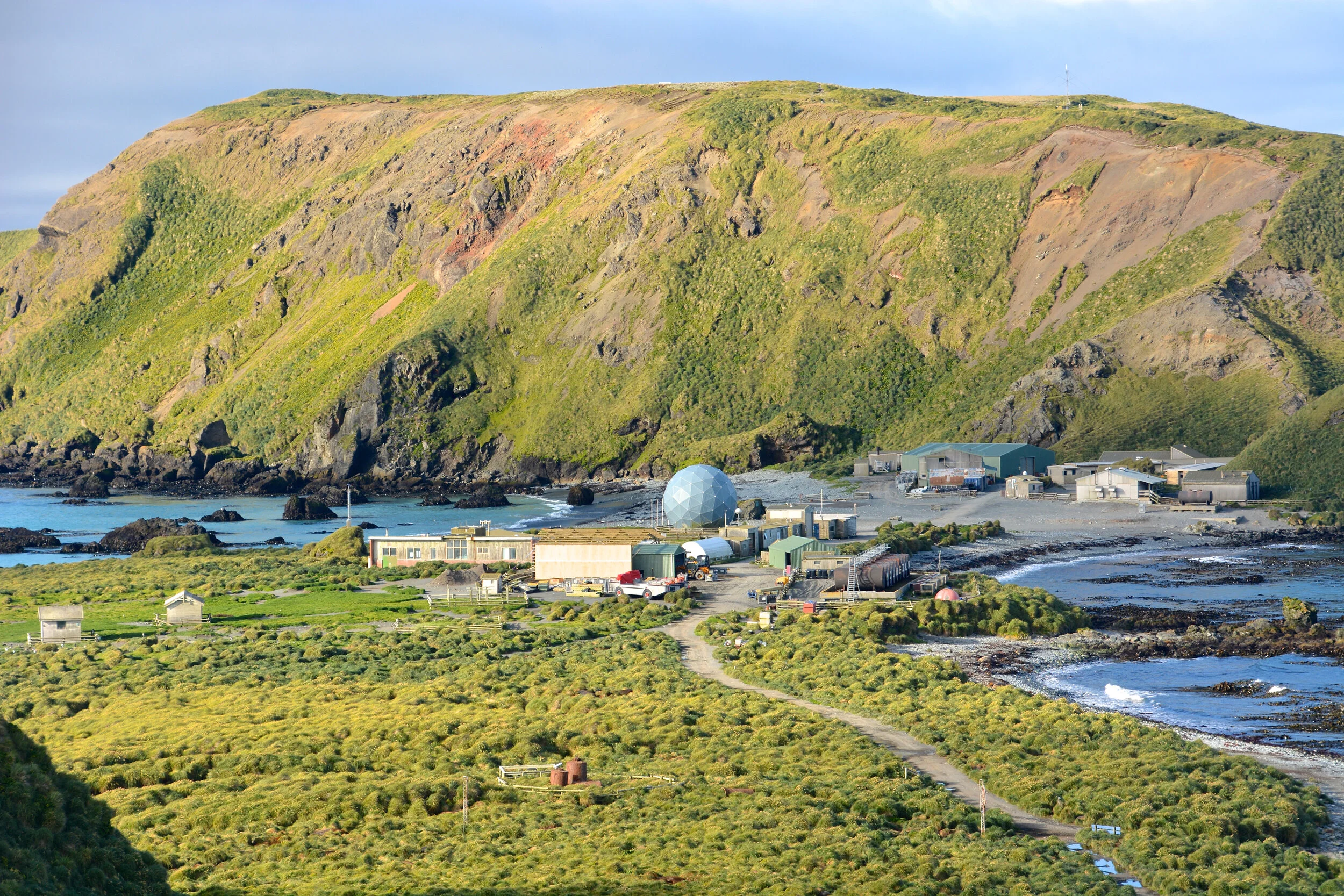 M218 - Macquarie Island Research station with Wireless Hill in the background - February 2014