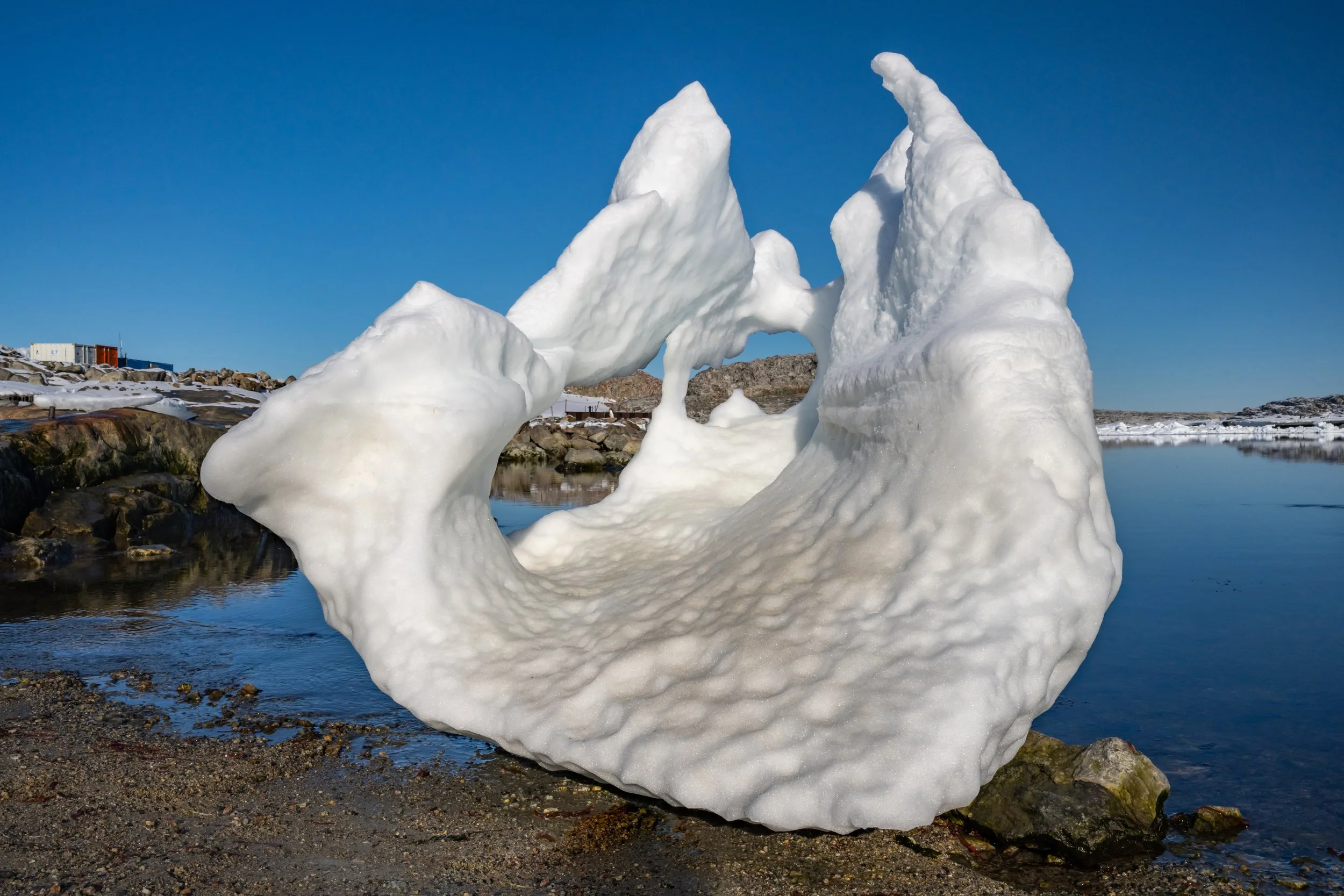 C89 - Small sculptured ice berg ~ 2m near Casey wharf, drifted aground at high tide - spot the penguin?