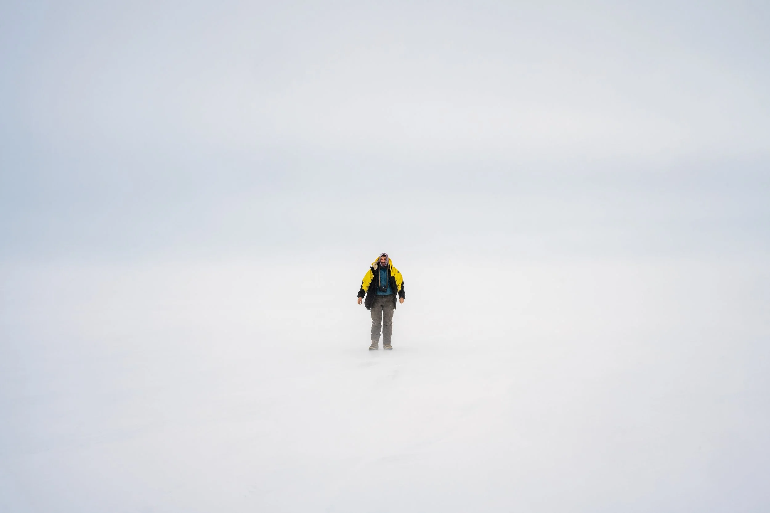 C116 - Ben in whiteout conditions on the Mitchell Peninsula - on our way back from the Browning Peninsula