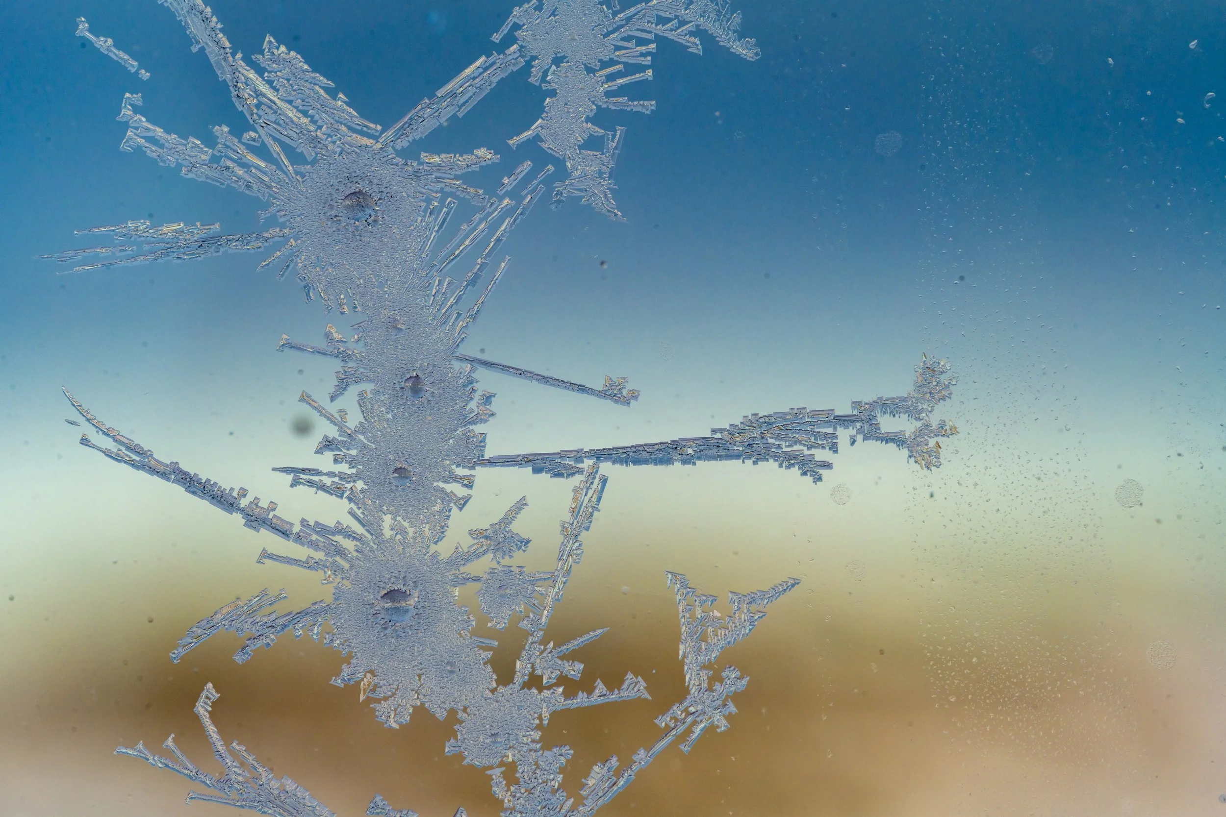 C183 - Macro photo of small ice crystals in the triple glazed windows of the Red Shed