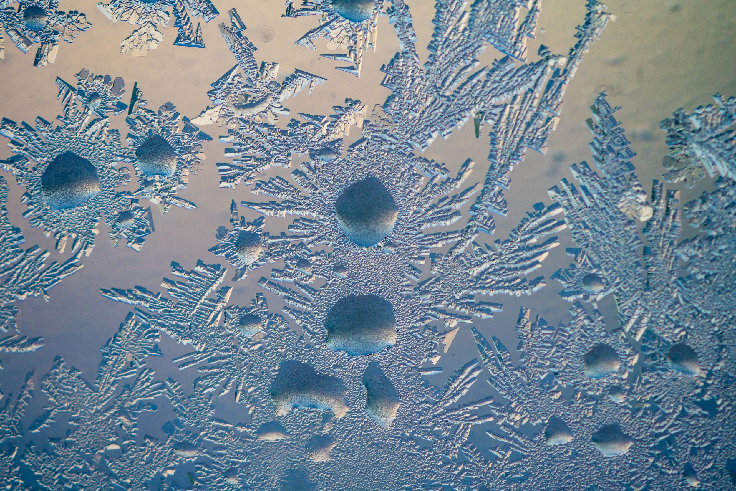 C187 - Macro photo of small ice crystals in the triple glazed windows of the Red Shed