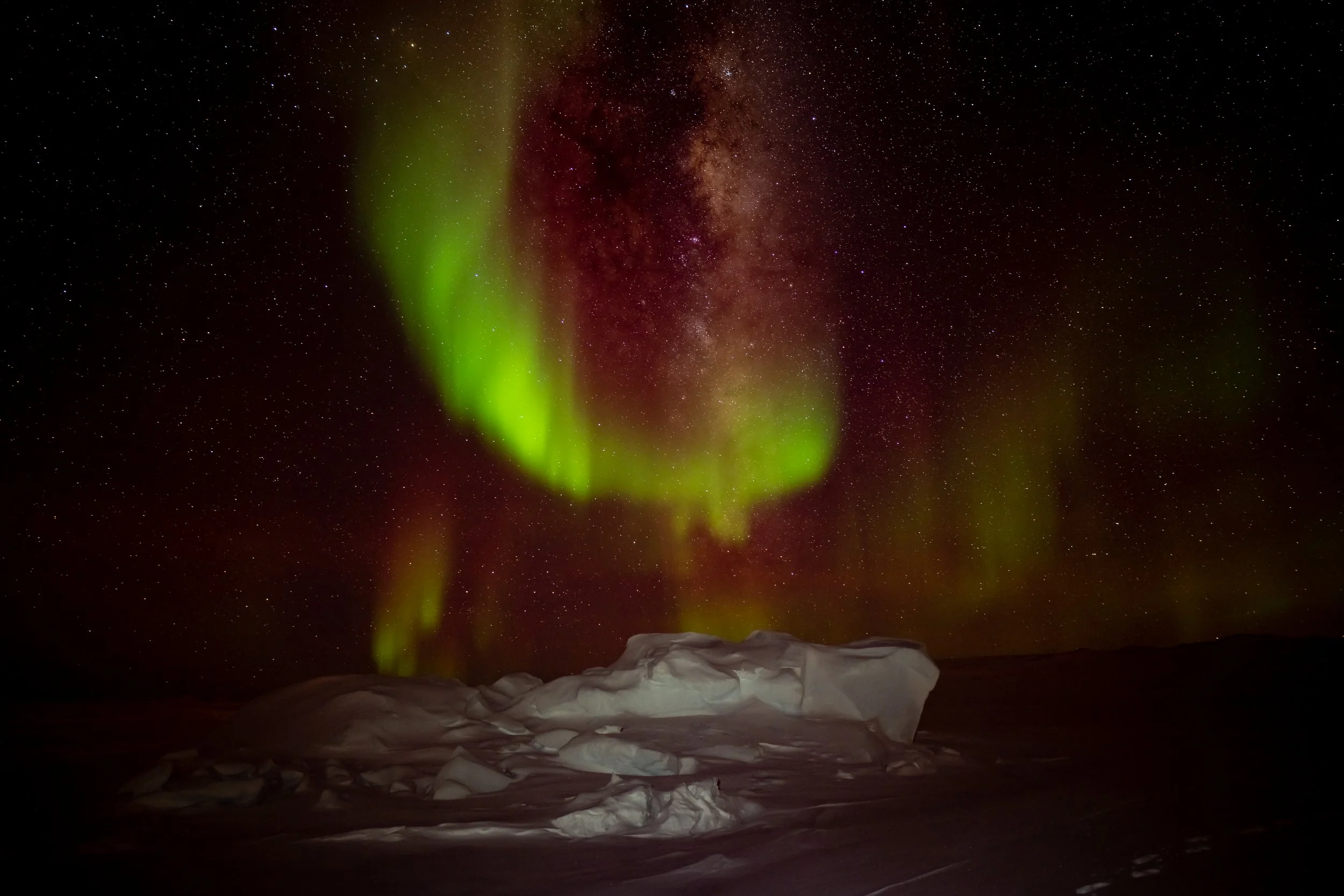 C318 - 25th of June 8:14 pm - this very expansive Aurora and Milky Way was taken whilst walking on the sea ice