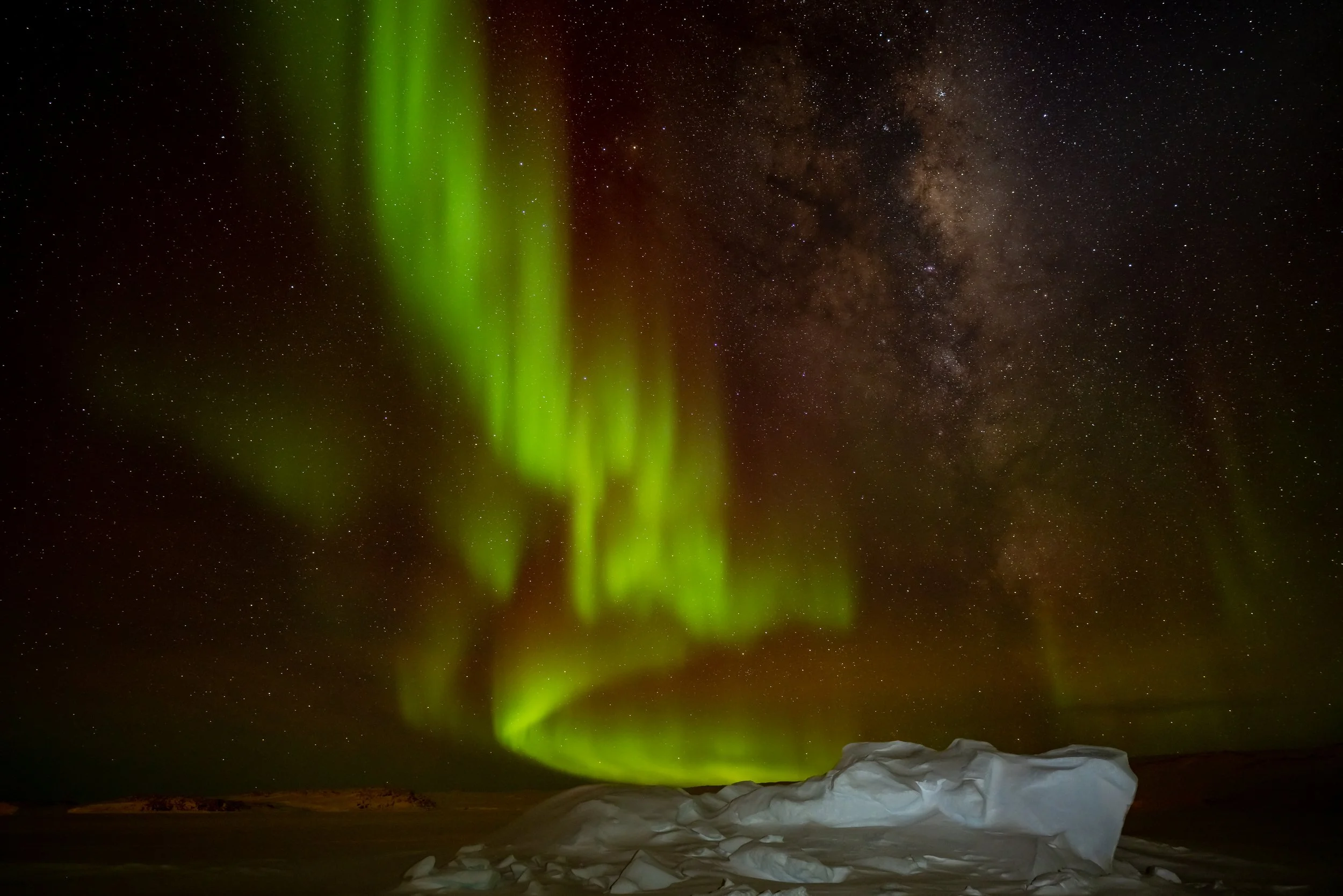 C369 - 25th of June 8:35 pm - this very expansive Aurora and Milky Way was taken whilst walking on the sea ice