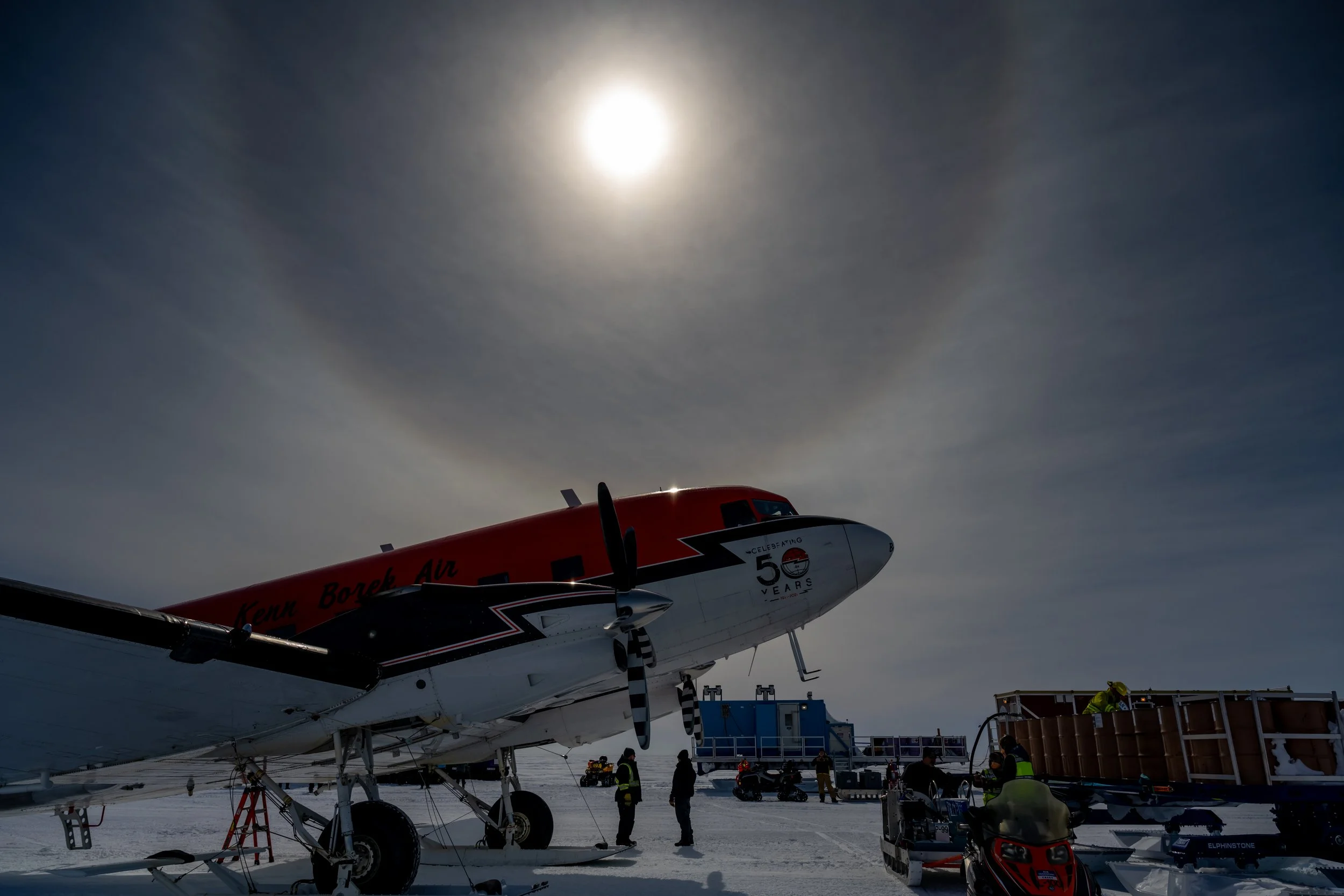 C600 - 29th of October 3:12 pm - Solar Halo over Ken Borek Basler C-FMKB (US program) at the Casey Skiway after arriving from McMurdo Station 