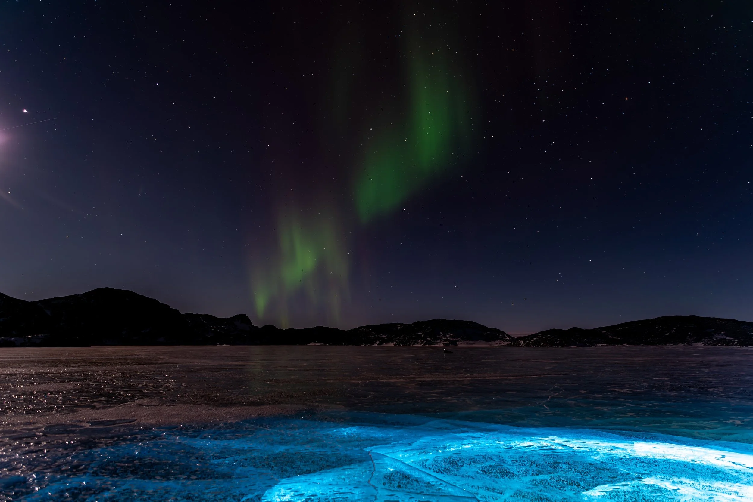AA 051 - Davis Aurora 3rd of June 2017 7:19 pm, freshwater Lake Druhzby lit up with artificial light drilled into the ice - Nikon D750, 24mm, f/2.8, ISO 100,  exp 20 sec