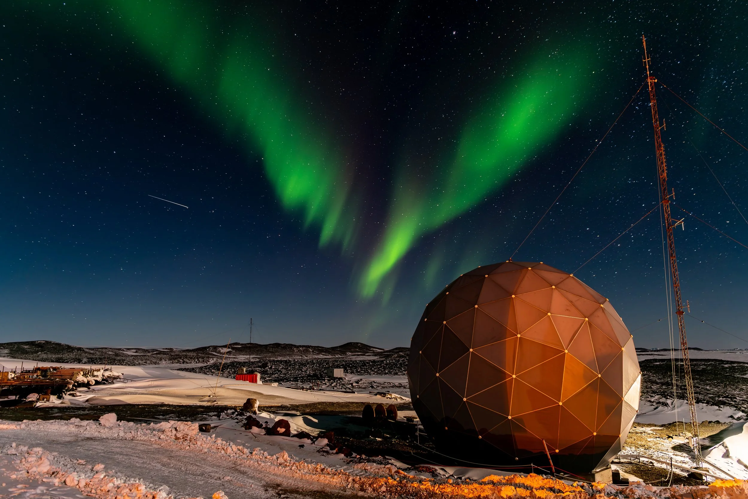 AA 056 - Davis Aurora 30th of July 2017 9:30 pm, ANARE Satellite  dome and landscape lit up by bright moonlight - Nikon D750, 24mm, f/2.8, ISO 100, exp 20 sec