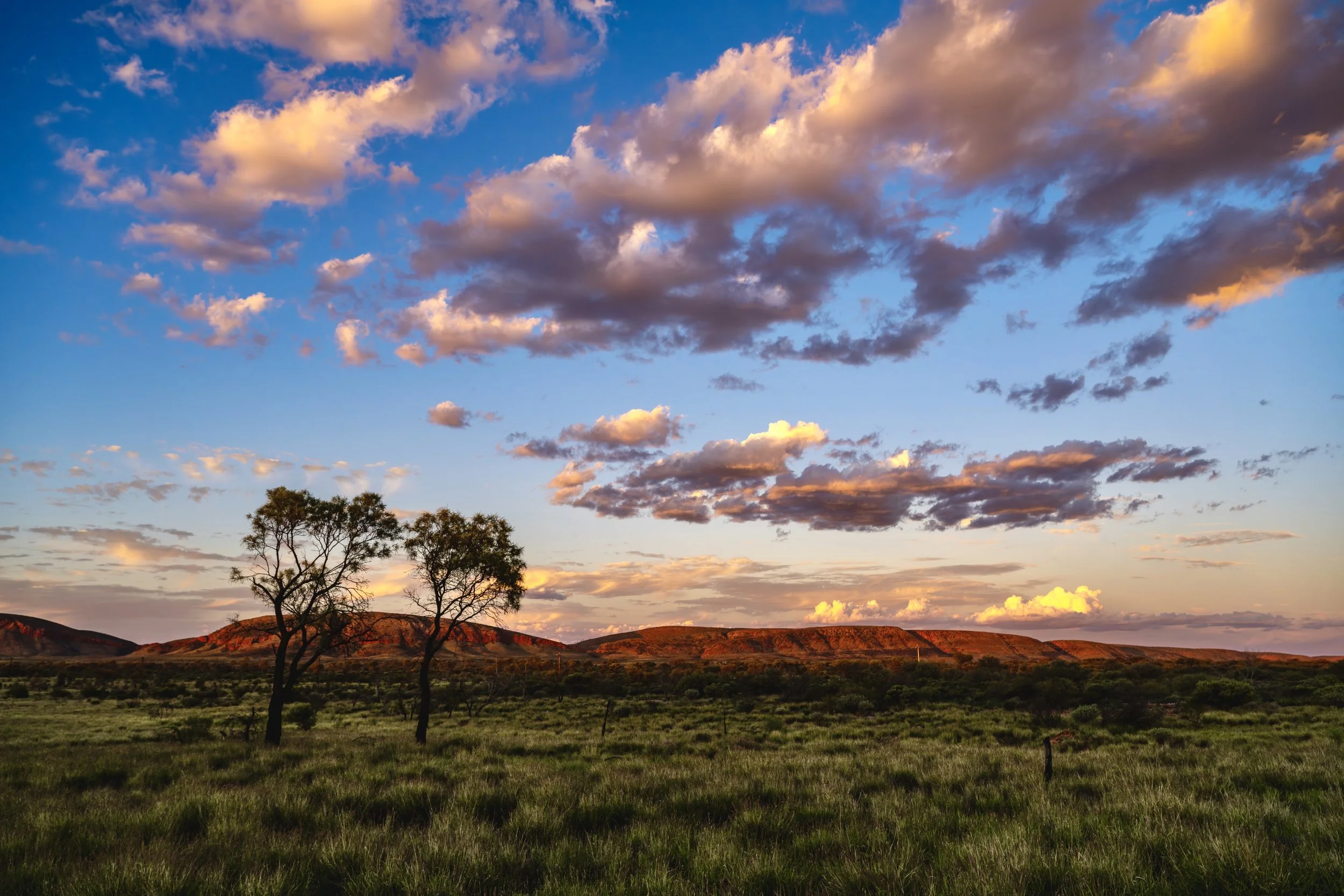 G044 - 28th of November 2024 18:56 - Sunset view of to the north resulting in a red glow  Purli Yurliya (Rawlinson Ranges) with cirrus and cumulus cloud