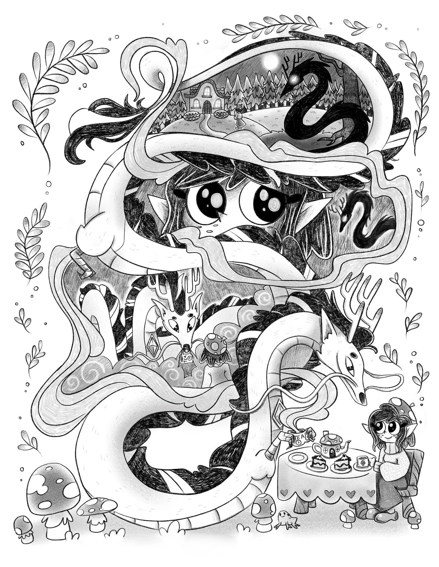 🐉Tea Time 🫖

The prompt was: something that doesn&rsquo;t actually turn out to be a threat.

I wanted to do something that would stand out and so I took a unique approach to the paneling by making the dragon&rsquo;s body &amp; smoke create the outl