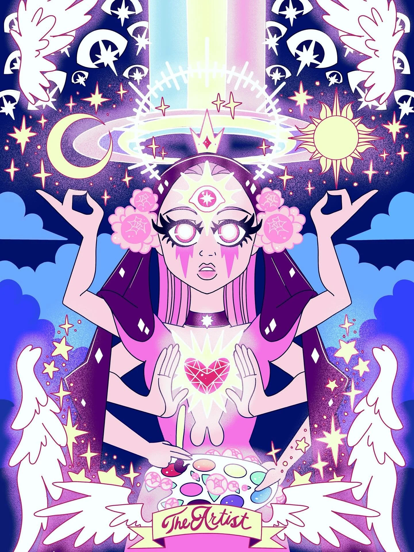 🎨✨ The Artist: The Alchemist of Light ✨🌙

With one set of hands, she cradles sun, moon, and stars, divine inspiration. 
With another, her gemstone heart, glowing with love. 
With the third, a paintbrush and palette, transmuting soul into color, dre