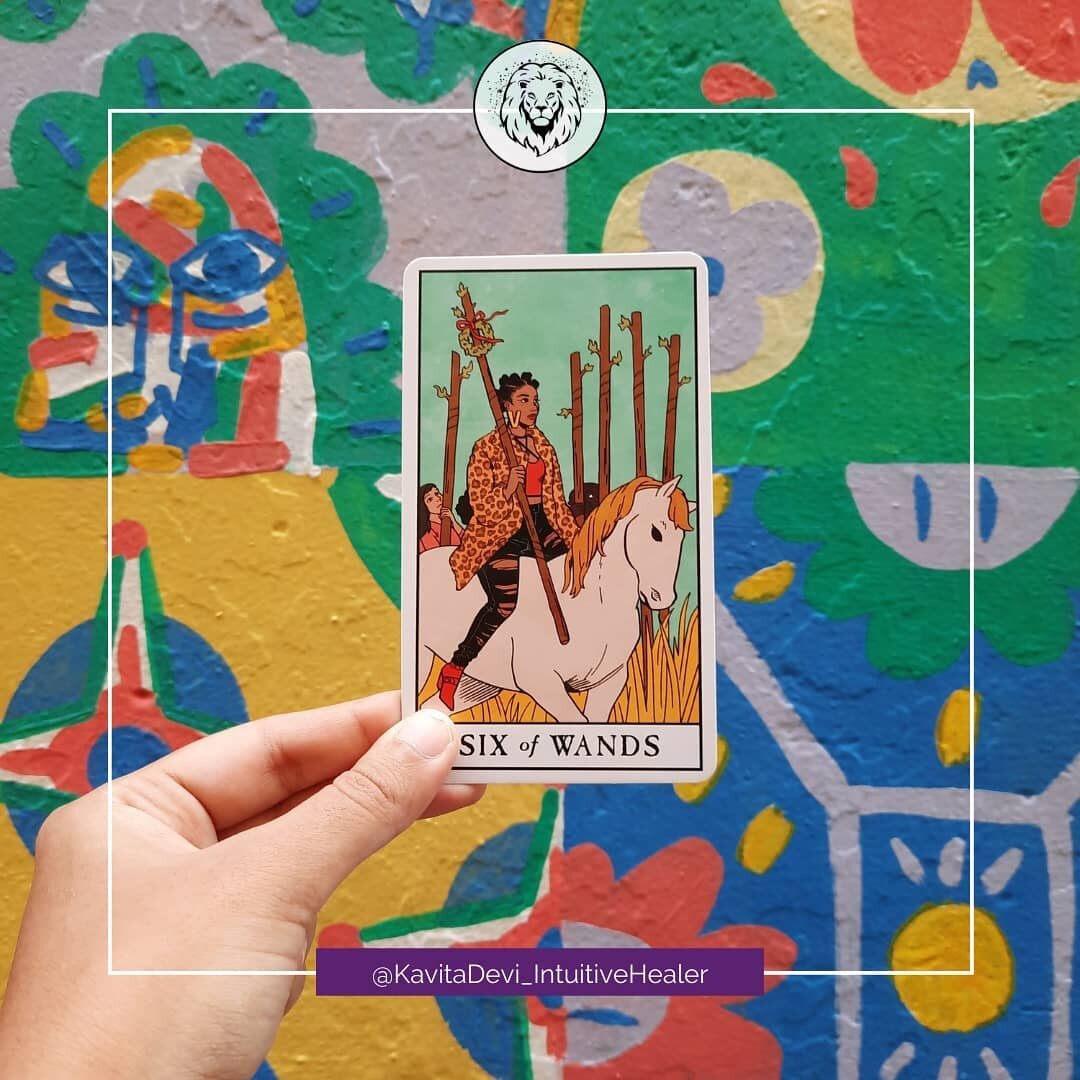 I love the Modern  Witch Tarot deck for its depictions of POC women. Here we have the 6 of wands. A woman rides triumphantly upon a white horse, lauded by an adoring crowd. This is a post-battle image. It reminds me of Durga riding in triumphantly fr
