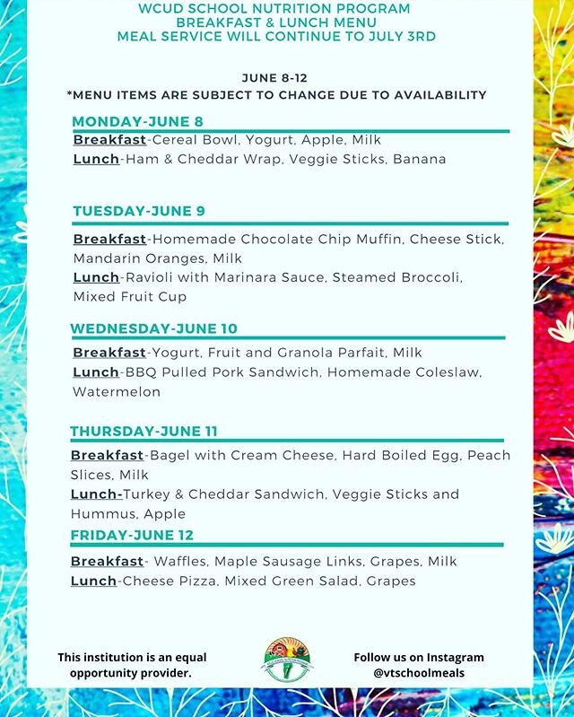 We are excited to announce our school meal delivery and grab and go service will continue until July 3rd. This was made possible by the generous donation from the Woodstock Area Relief Fund (WARF). Menus and signup information located on our WCUD Sch