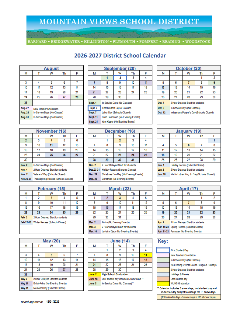 MVSU District Calendar 2026-2027