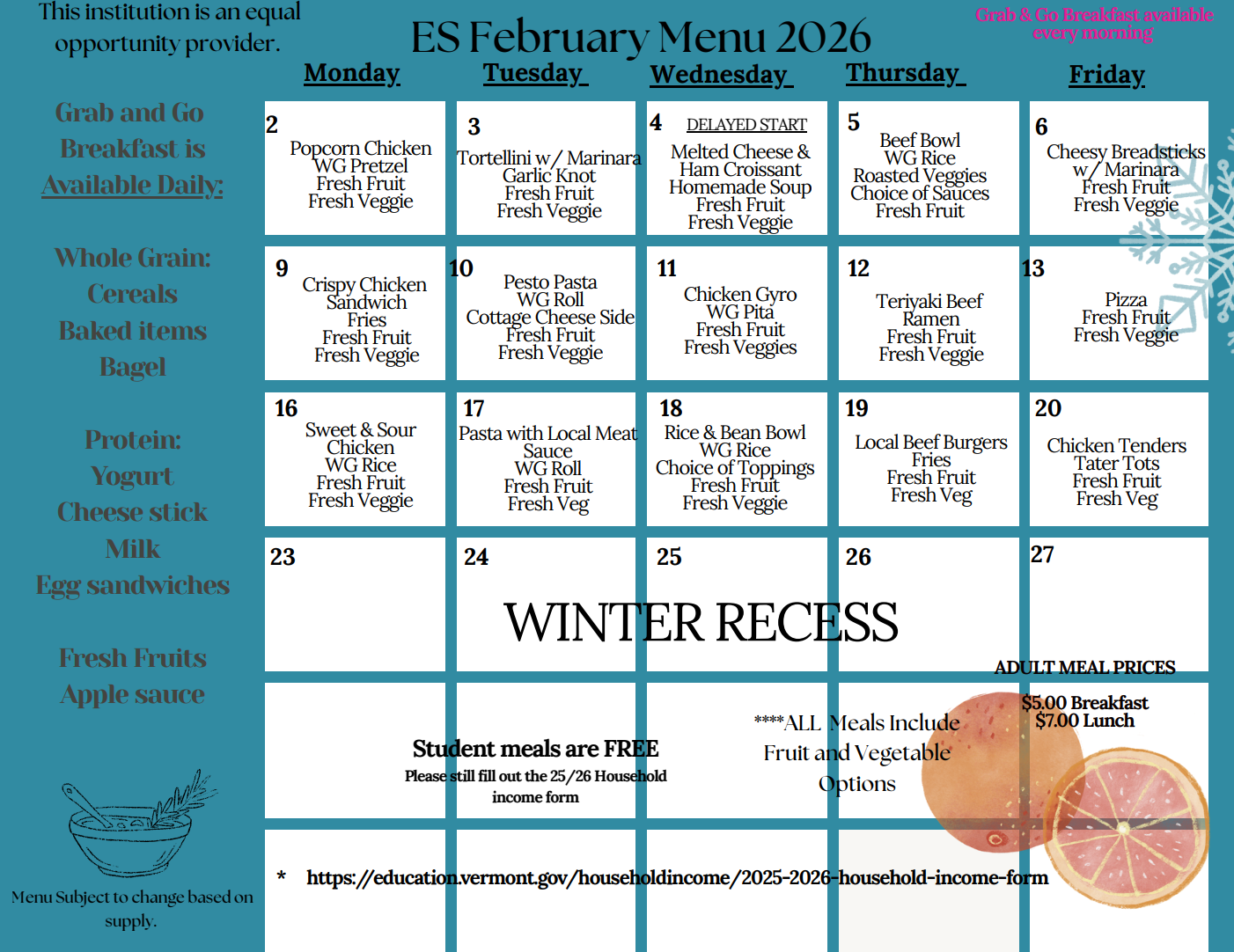 February 2026 lunch menu