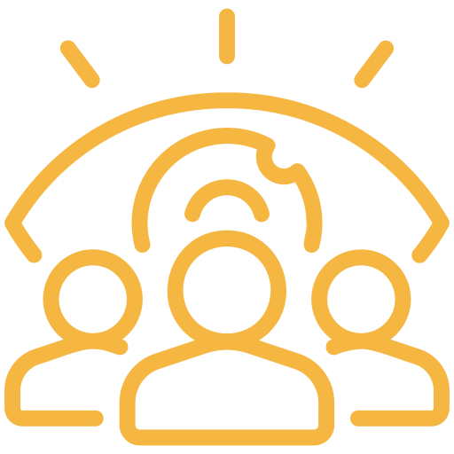 Icon of a group of four people with a lightbulb above them, representing teamwork or collaboration.