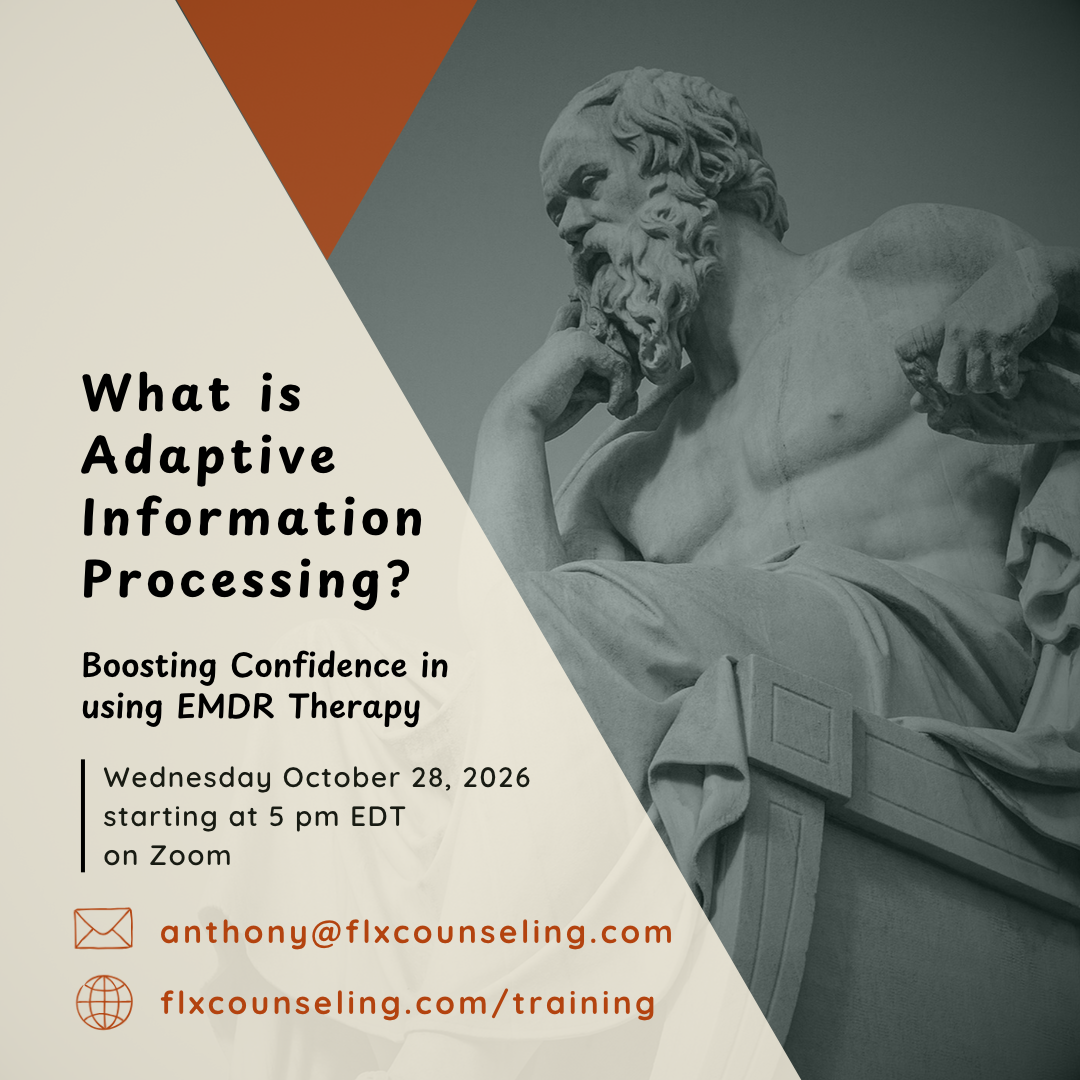 A flyer for an EMDR therapy training on October 28, 2026, featuring a statue of a bearded man and text about Adaptive Information Processing.